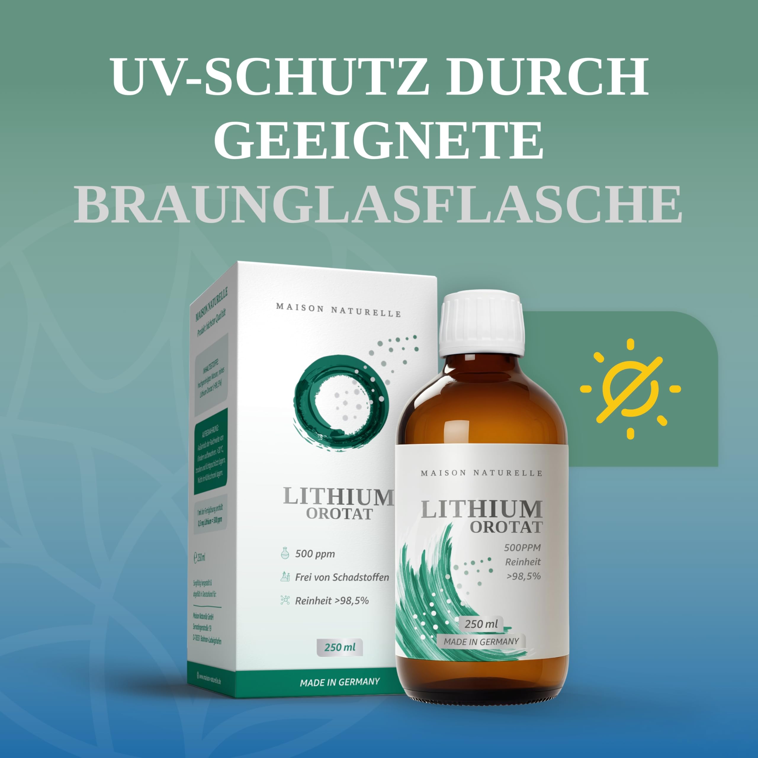 Maison Naturelle ® flüssiges Lithium (250 ml) - Lithium Tropfen 0,5 mg – 500 ppm Fertiglösung mit über 98,5 % Reinheit (250 ml (1er Pack))