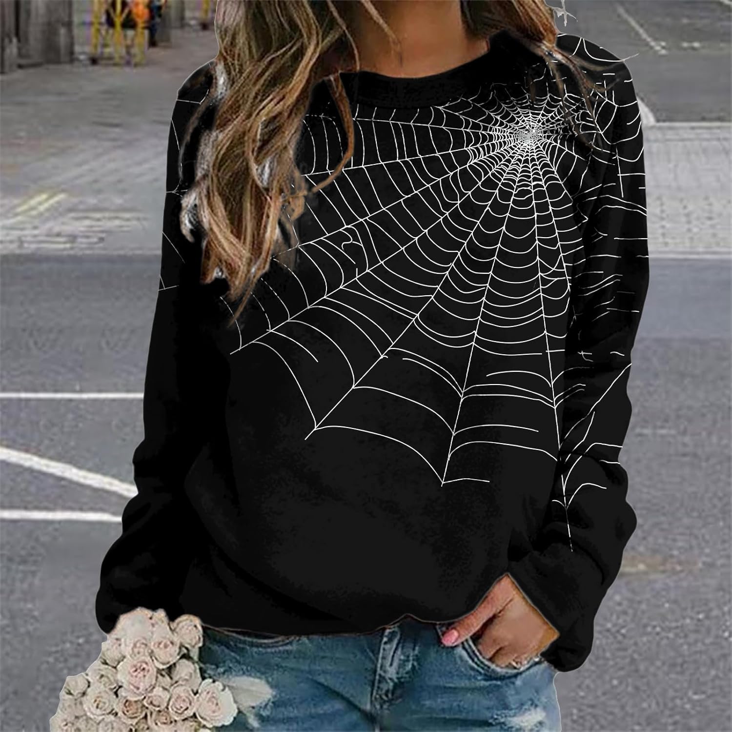 MARSVOVO Fall Sweatshirt for Women Novelty Spider Web Shirt Dressy Casual Crewneck Tunic Tops Spring Graphic Pullover - Image 6