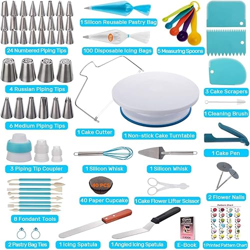 Miniatura 2 de Kit de 207 piezas de suministros de decoración de pasteles para principiantes, tocadiscos de pasteles, más de 100 bolsas de tubería, puntas de