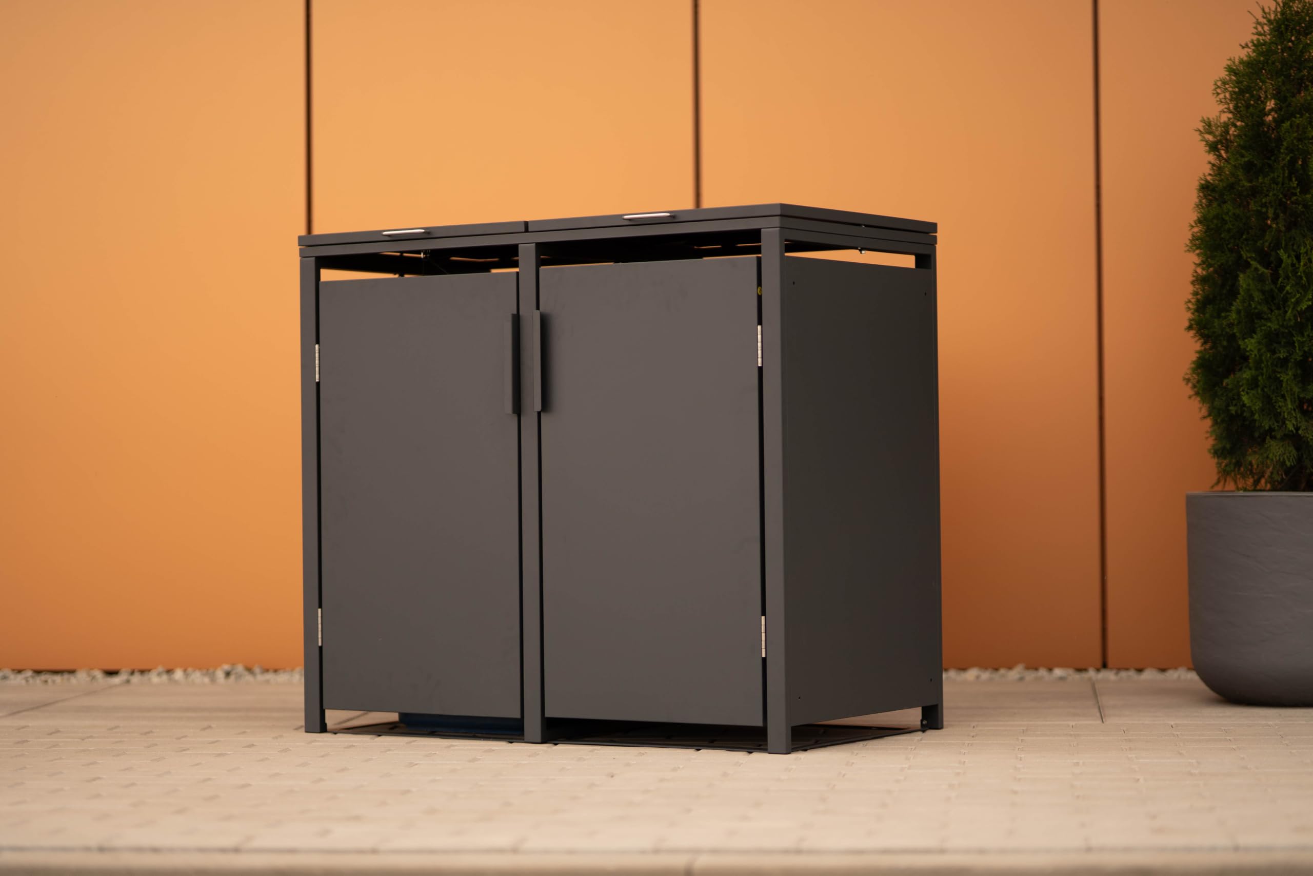 SMARTBOX 2er Mülltonnenbox für 120 l in Anthrazit - Premium Verkleidung Wetterfest & Korrosionsbeständig - Storage Cabinet Möbelschrank mit Gasdruckdämpfer Soft-Close Deckelseilzug Magnetverschluss