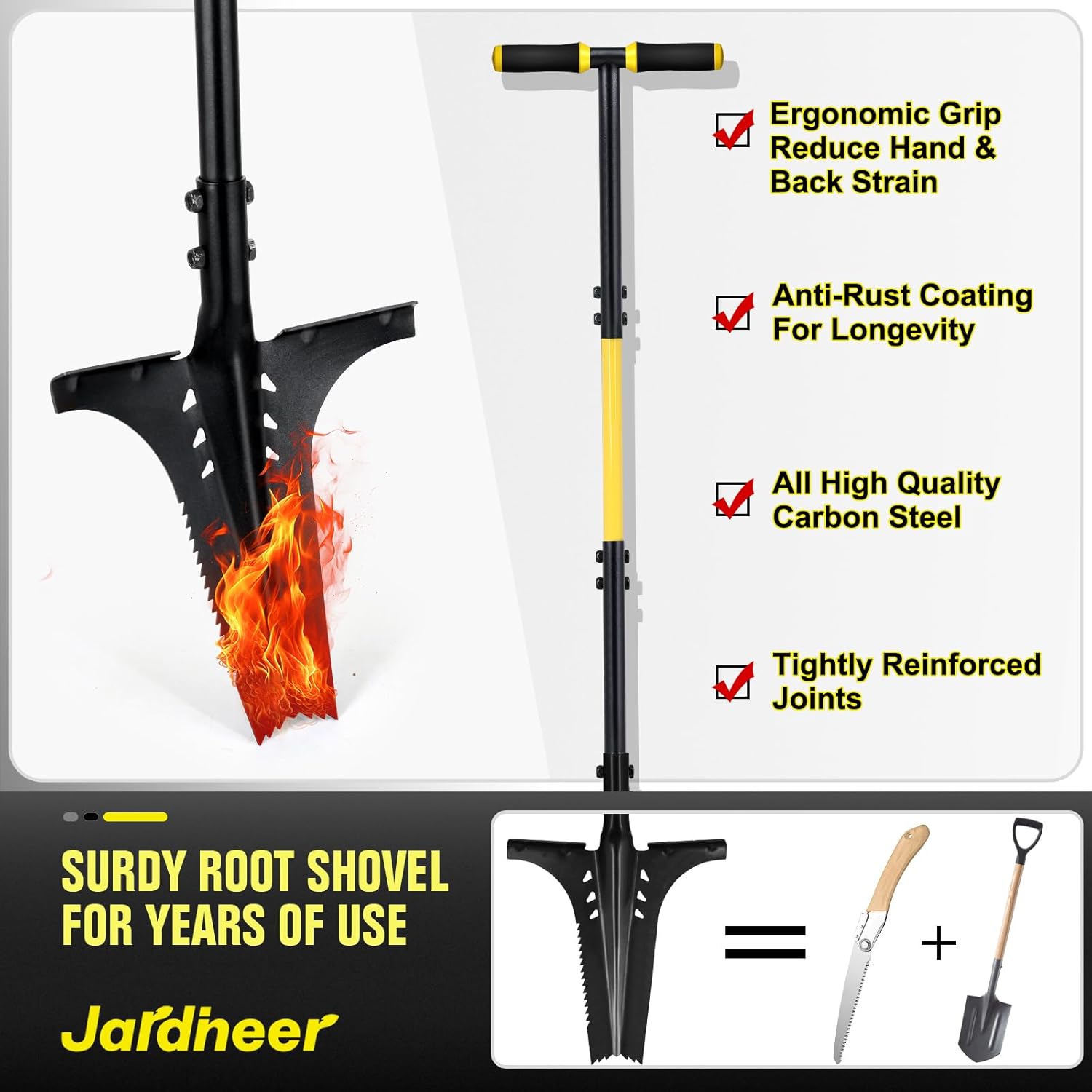 Jardineer Garden Shovels for Digging with Long Handle, Root Shovel for Cutting Roots with Comfortable Grip