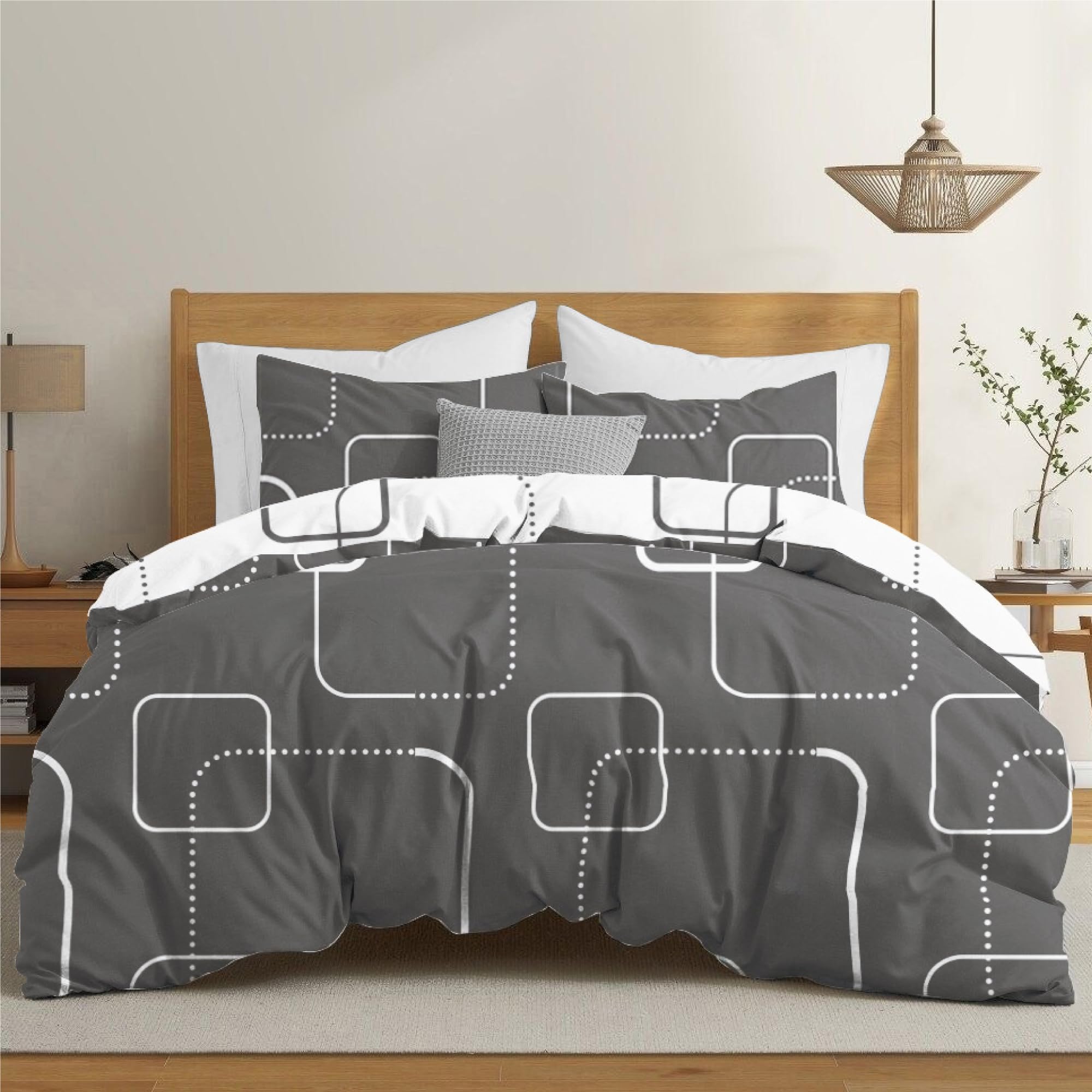Dreamzie Funda Nordica Cama 240x220 cm Diseño Geométrico Grises con 2 Funda Almohada 65x65 cm - Funda nordica 240x220 de 100% Microfibra - Certificada Oeko Tex