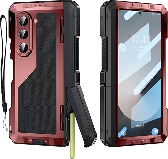 for Samsung Galaxy Z Fold 6 Case with Slim S Pen Holder (2023), Metal Bumper Premium Heavy Duty Shockproof Protective, Hinge Protection, Screen Protector, Rugged Phone Cover 5G, Red