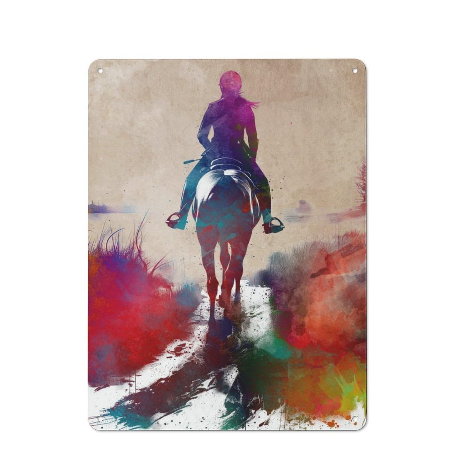 Junmoney Horseback Rider Watercolor Tin Sign 40X30cm With For Workshop Wall, Rustic Decor, Suited To Workshop Decor Fans