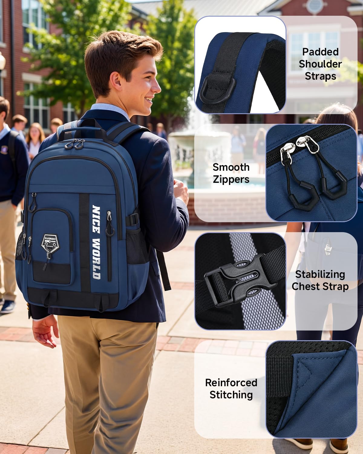 Amythe Sac à Dos Garçon Adolescent - Cartable Garçon Collège Lycée Grande Capacité 29L - Sac à Dos Scolaire Moderne Imperméable Léger 10-22 Ans pour École, Voyage, Noël, Bleu