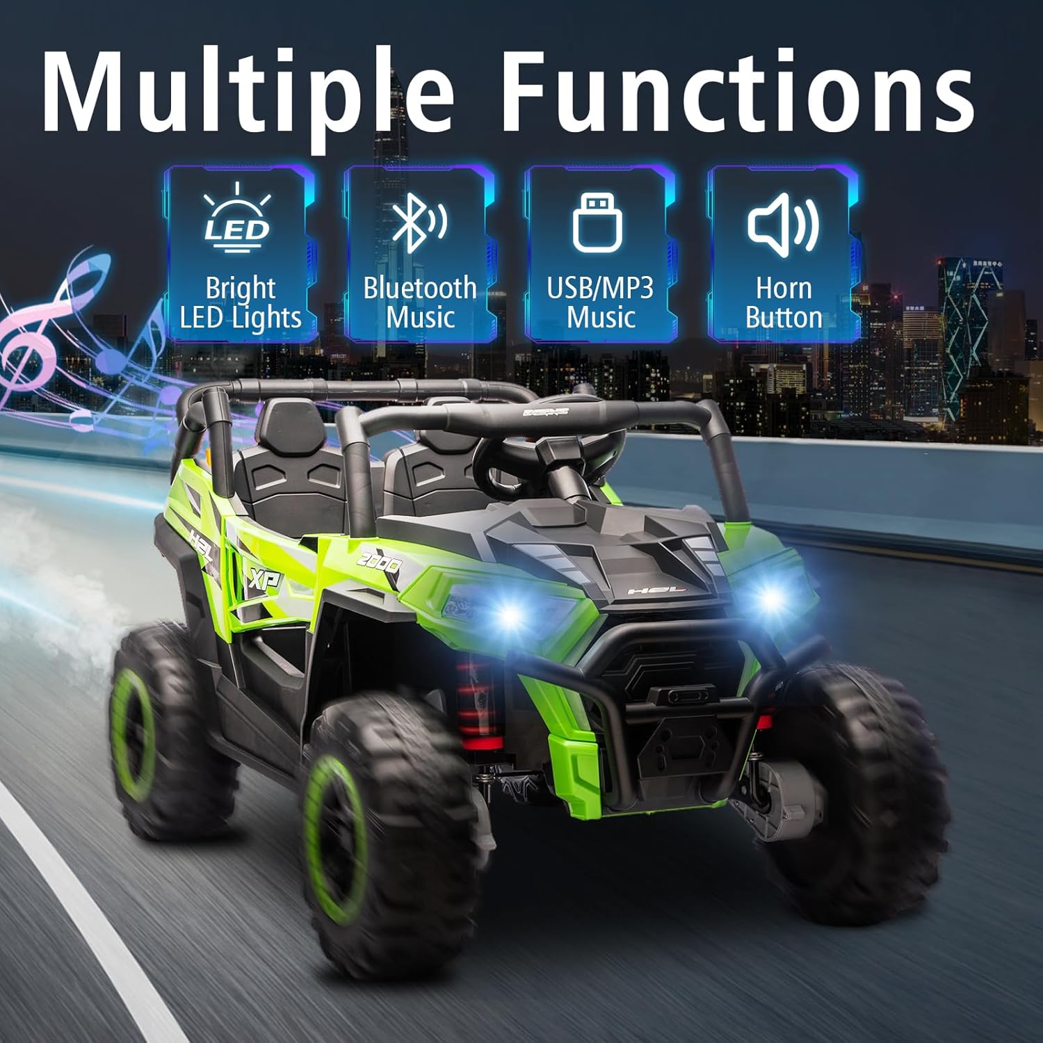 POSTACK 24V 2 Seater Ride on Car with Remote Control, 4WD Kids Battery Powered Ride on Toys, 4 Wheeler Electric Car for Kids to Drive w/Bluetooth, LED Lights,2-5MPH, Green