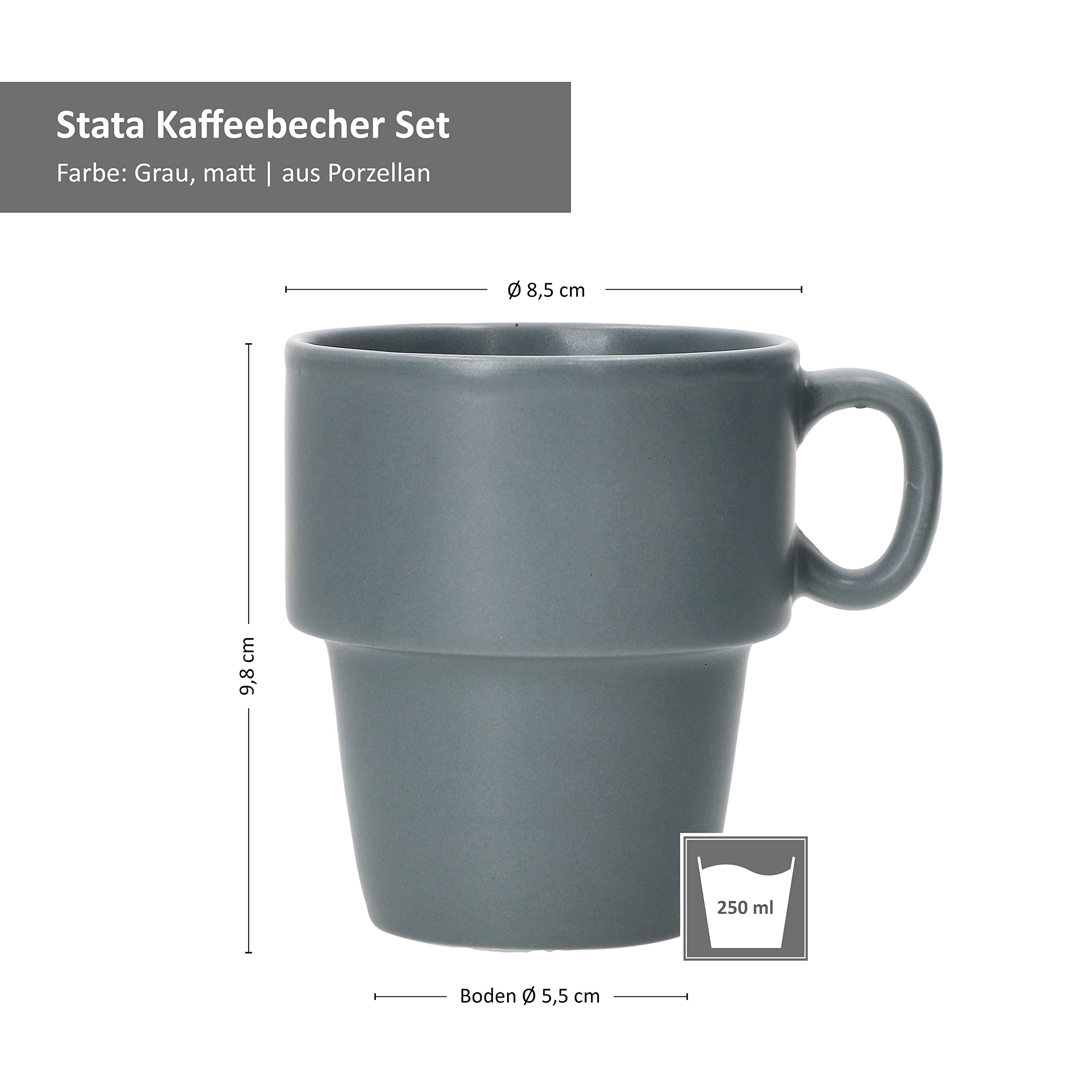 MamboCat Stata 6 Pieces Pink Porcelain Coffee Cups 250 ml Handle for Coffee, Tea, Cocoa, Cappuccino and Latte Macchiato