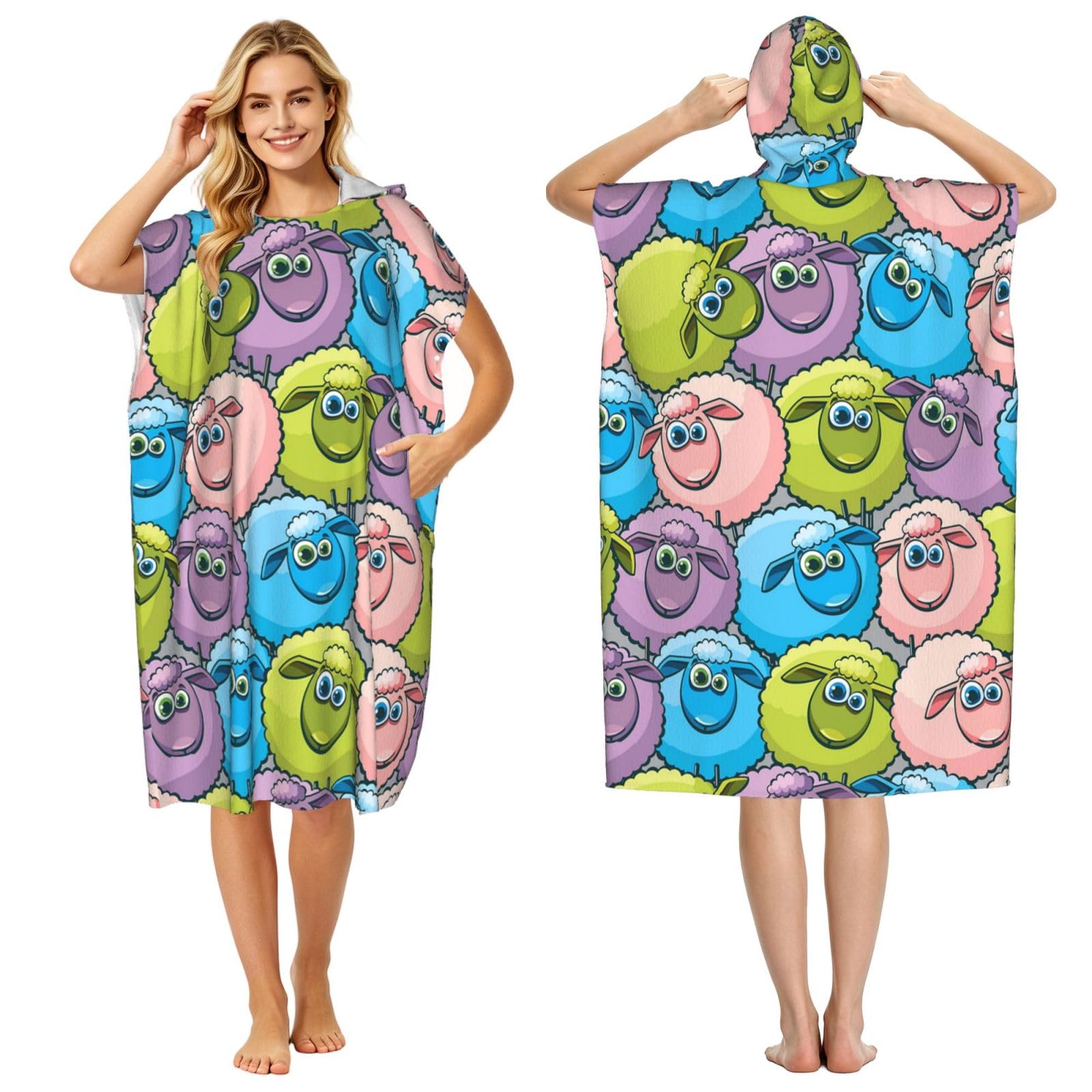 Poadnly Cartoon Funny Sheep, Adult Hooded Beach Towel 90 x 110 cm,Changing Bath Robe, Surf Poncho Towel For Women Men