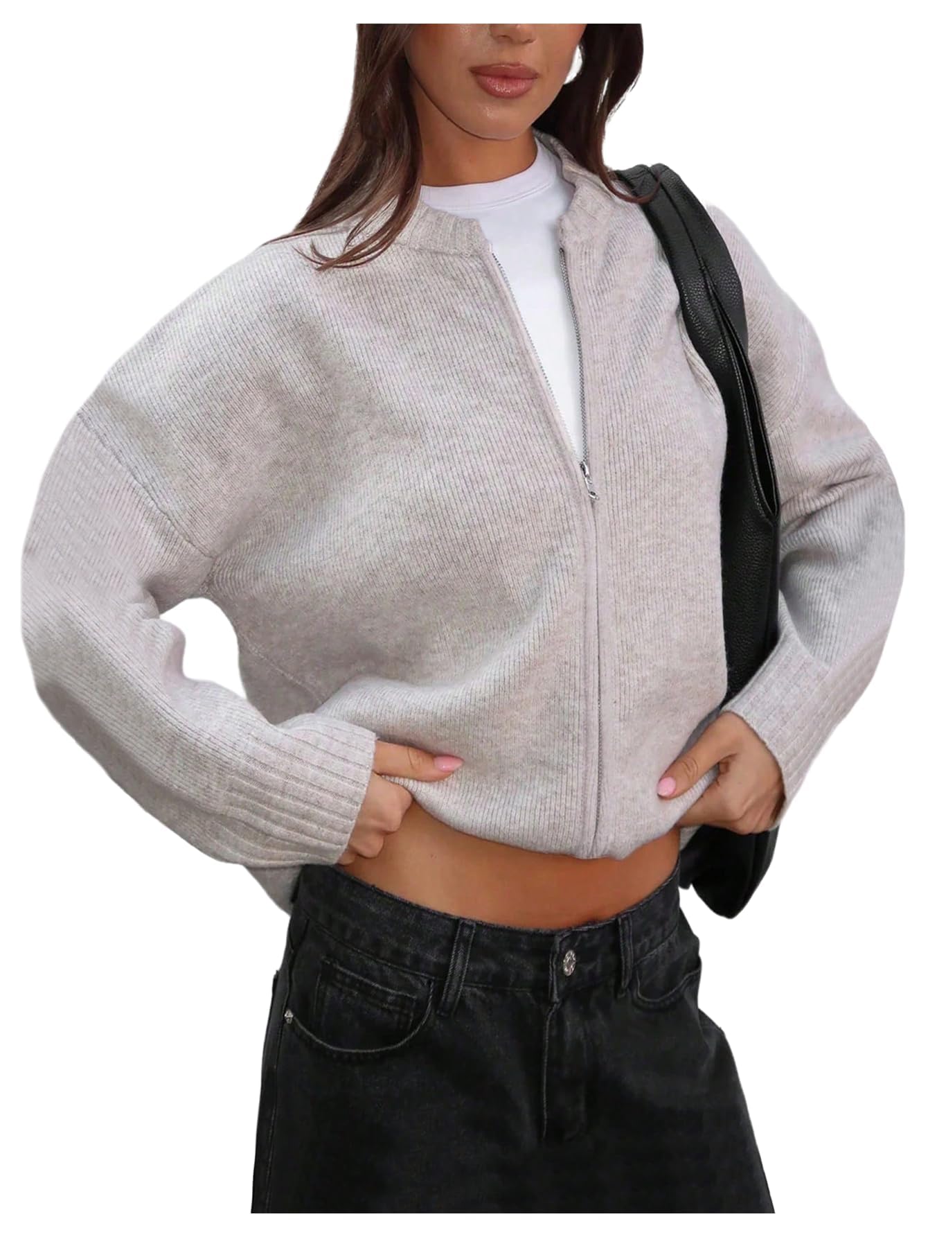 Floerns Womens Long Sleeve Round Neck Zip Up Ribbed Knit Cardigan Crewneck Loose Fit Sweater Fall Trendy Coat