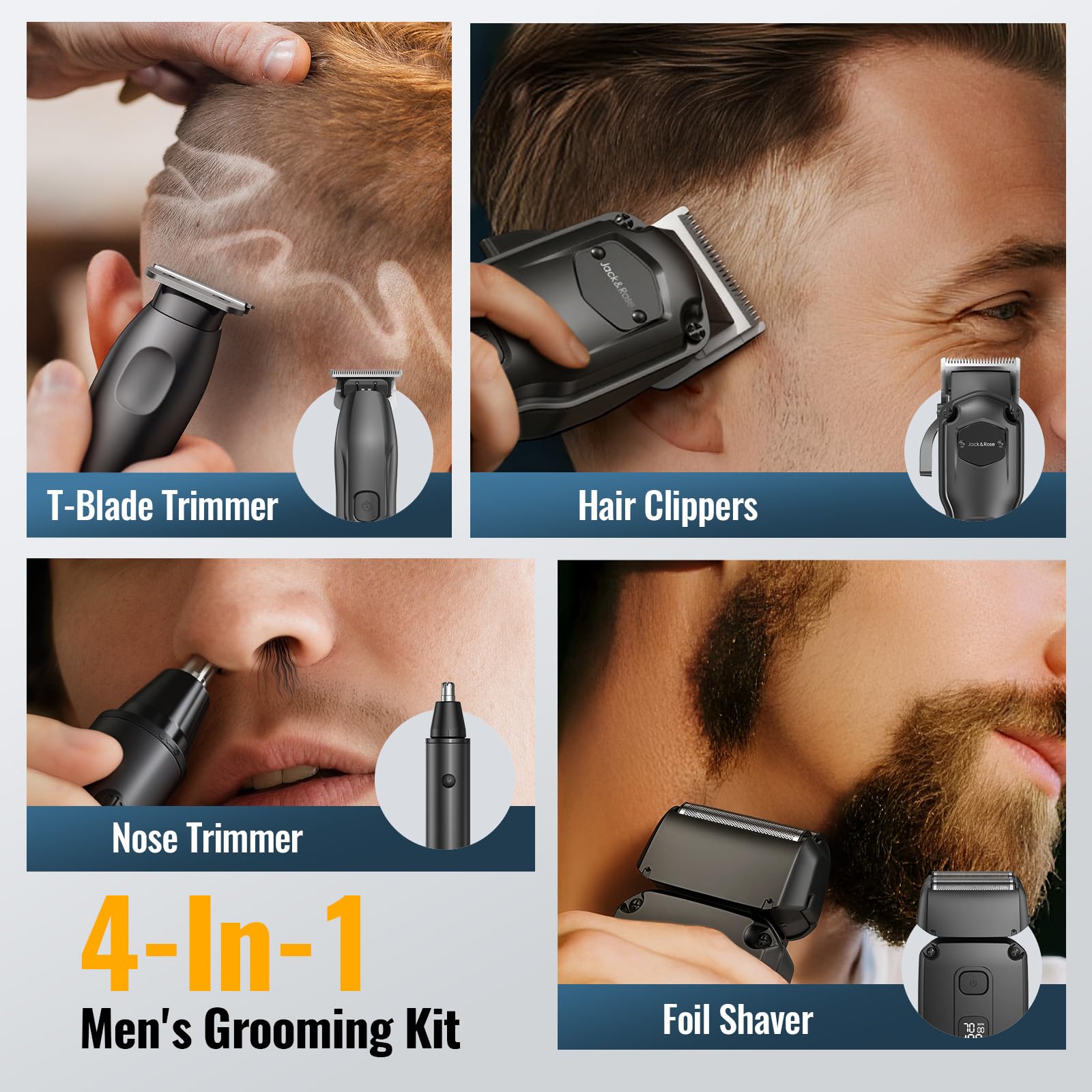 Jack & Rose Tondeuse à cheveux professionnelle sans fil pour homme, rasoirs électriques, kit de barbier, 4 en 1, affichage LED, pour nez, corps, tête chauve