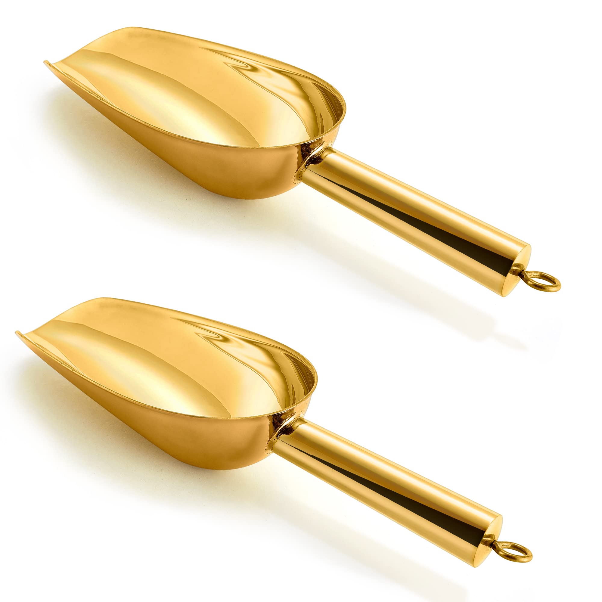Joyfair 2 Pieces Gold Ice Scoop, 3oz Stainless Steel Mini Food Scoops for Kitchen Bar Party, Metal Flour Candy Pet Scooper for Multi-Purpose Use, Sturdy & Durable, Mirror Finished & Dishwasher Safe