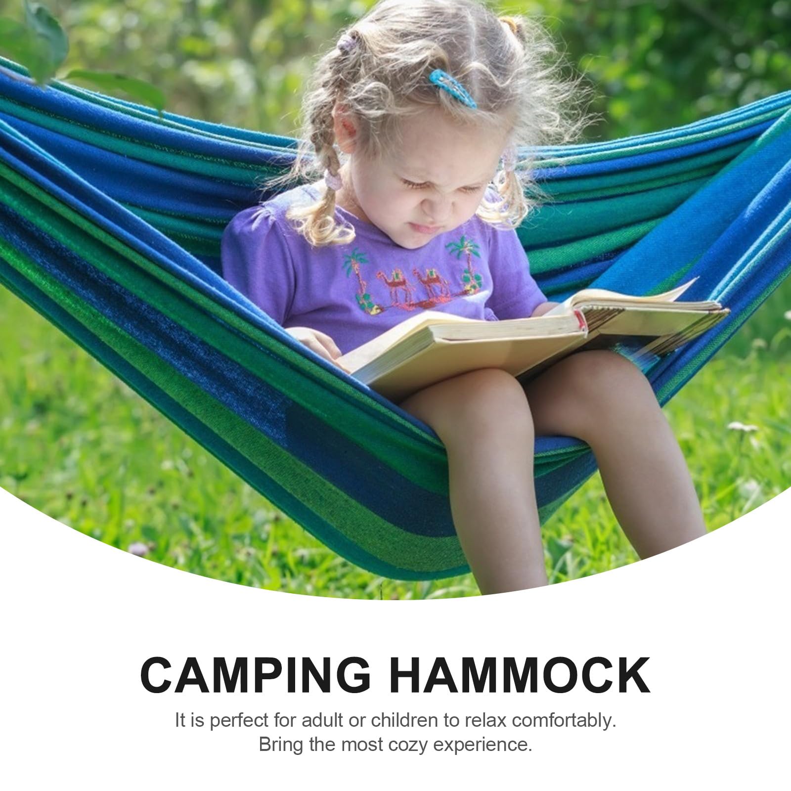 Hemobllo Hamac de Camping Double en Toile de Coton Rayée Bleu avec Boucle Anti-Renversement Capacité 150kg Pliable pour Forêt et Plage