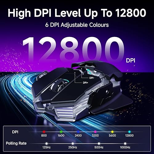 Miniatura 4 de EWEADN G5 - Mouse inalámbrico para juegos, 12800 DPI RGB ajustable con 6 modos retroiluminados, llave de fuego rápido, 9 botones macro programables,