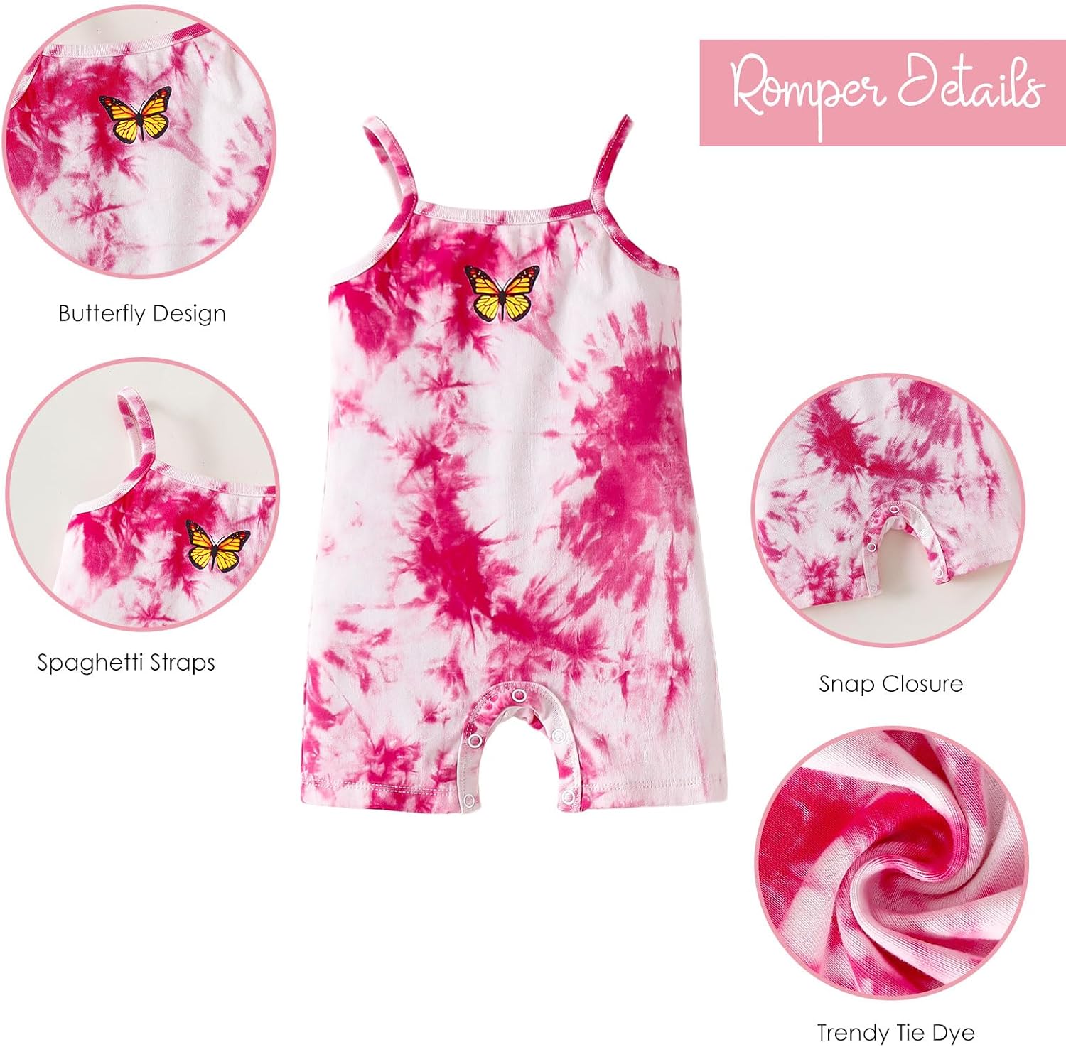 ROMPERINBOX Baby Girl Romper 2 Pack Sleeveless Spaghetti Strap Tie Dye Infant Jumpsuit Butterfly Summer Clothes 0-24 Months