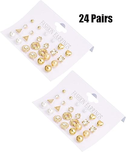 Miniatura 7 de BBTO Juego de 24 pares de aretes de perlas de cristal, joyería para mujeres y hombres