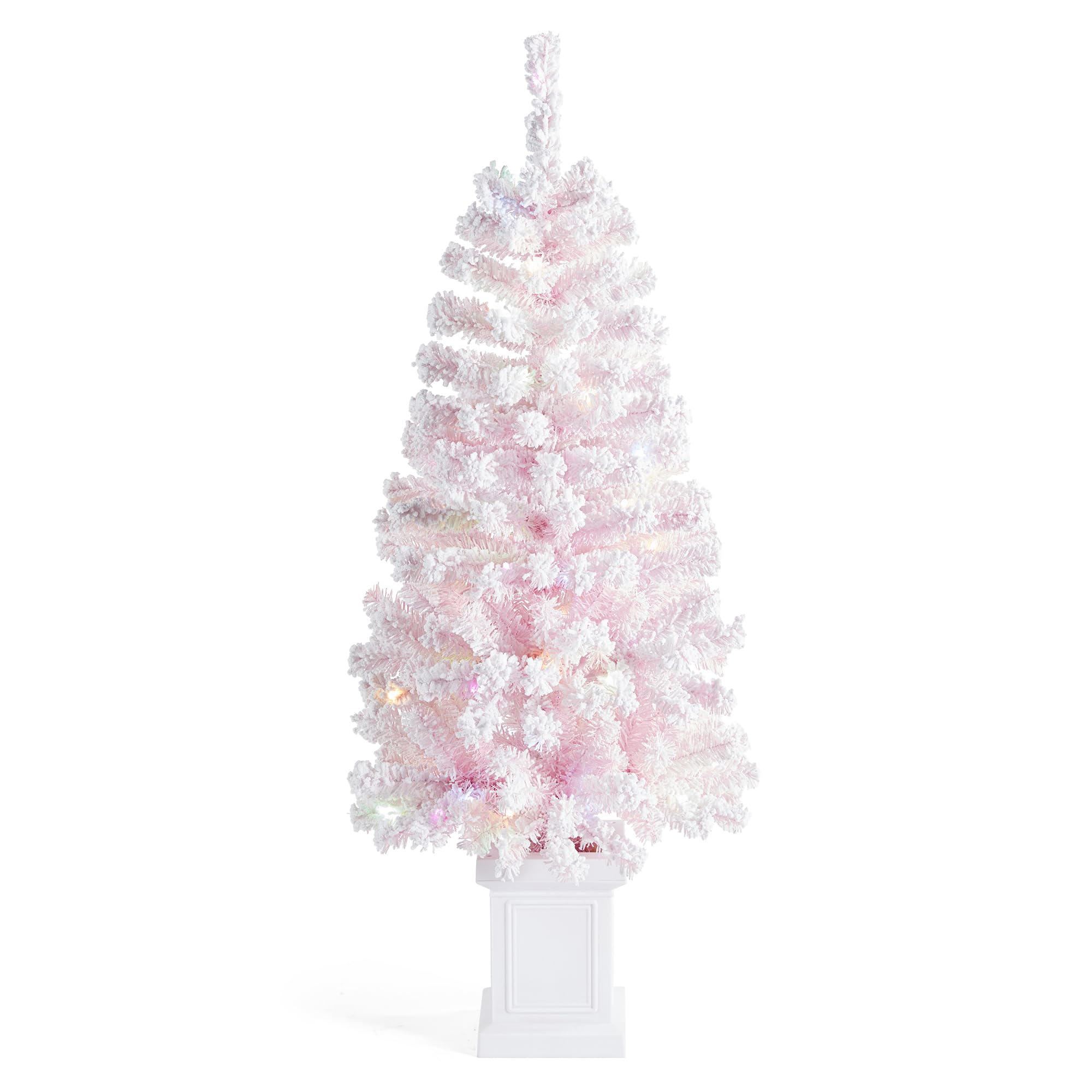 Photo 1 of **TOP LIGHTS DONT WORK***Glitzhome 4ft Pink Pre-Lit Snow Covered Flocked Artificial Christmas Porch Tree with 100 Warm White/Multicolor LEDs, Foot Pedal Control & Pot for Indoor/Outdoor Holiday Entryway Decor