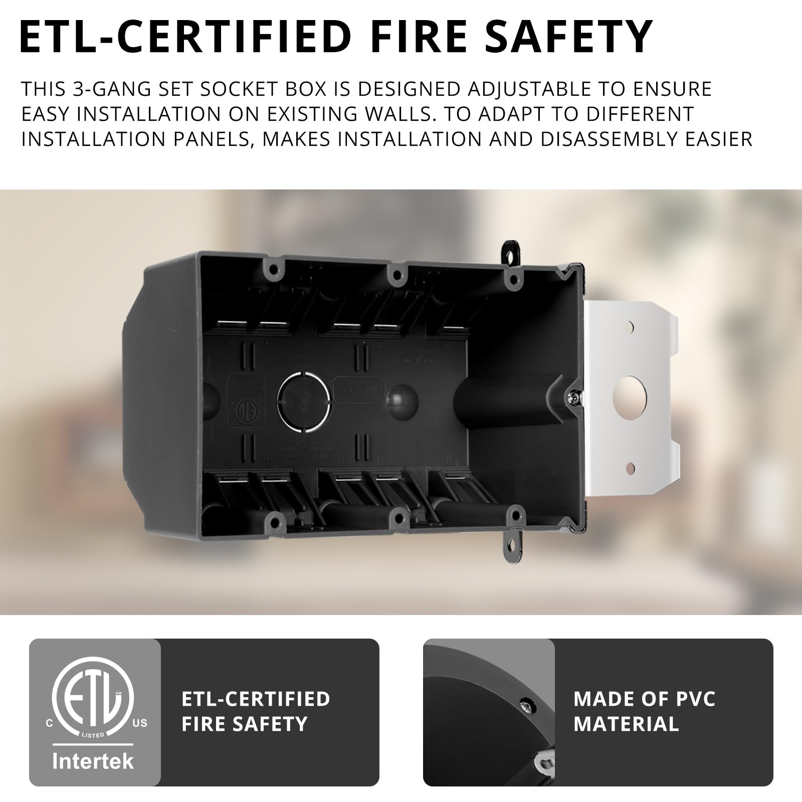 3-Gang Extra Deep PVC Schwarz Elektrische Box Einstellbar, 49 Kubikzoll - Feuerklasse für 2 Stunden, ETL-zertifizierte Schalter/Steckdosenabzweigung Schwarze Box für Heimwerker (6 Stück)