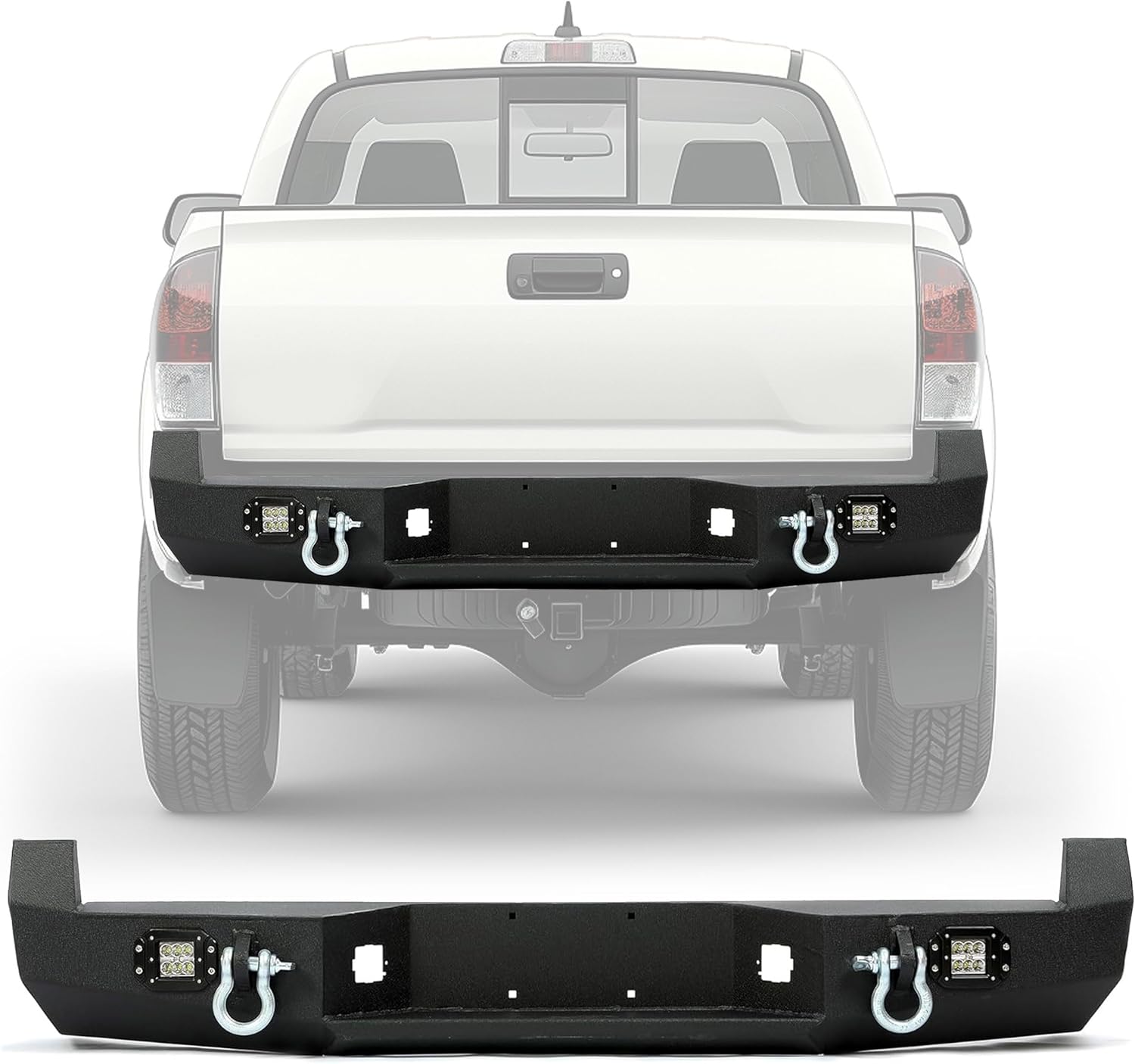 KUAFU Rear Bumper Compatible with 2005-2015 Toyota Tacoma w/ 18W Led Lights License Plate D-Rings Step Bumper Steel Powder Coated Black