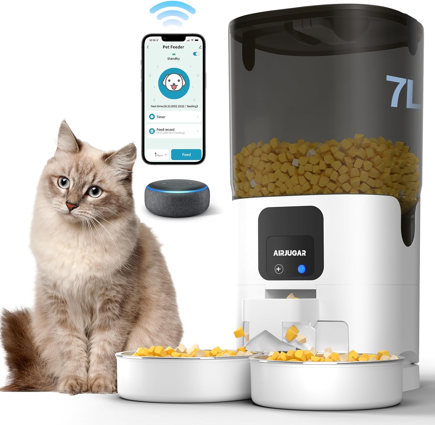 AIRJUGAR Automatic Cat Feeder for 2 Cats, 7L Dual Tray
