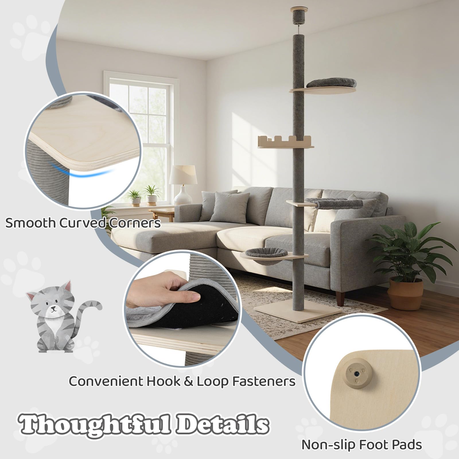 GOPLUS Árbol Rascador para Gatos de Techo, Torre para Gatitos de 5 Niveles con Altura Ajustable, Postes Rascadores, Cama Cesta, Hamaca y Plataformas, Centro de Actividades para Gatos de Interior