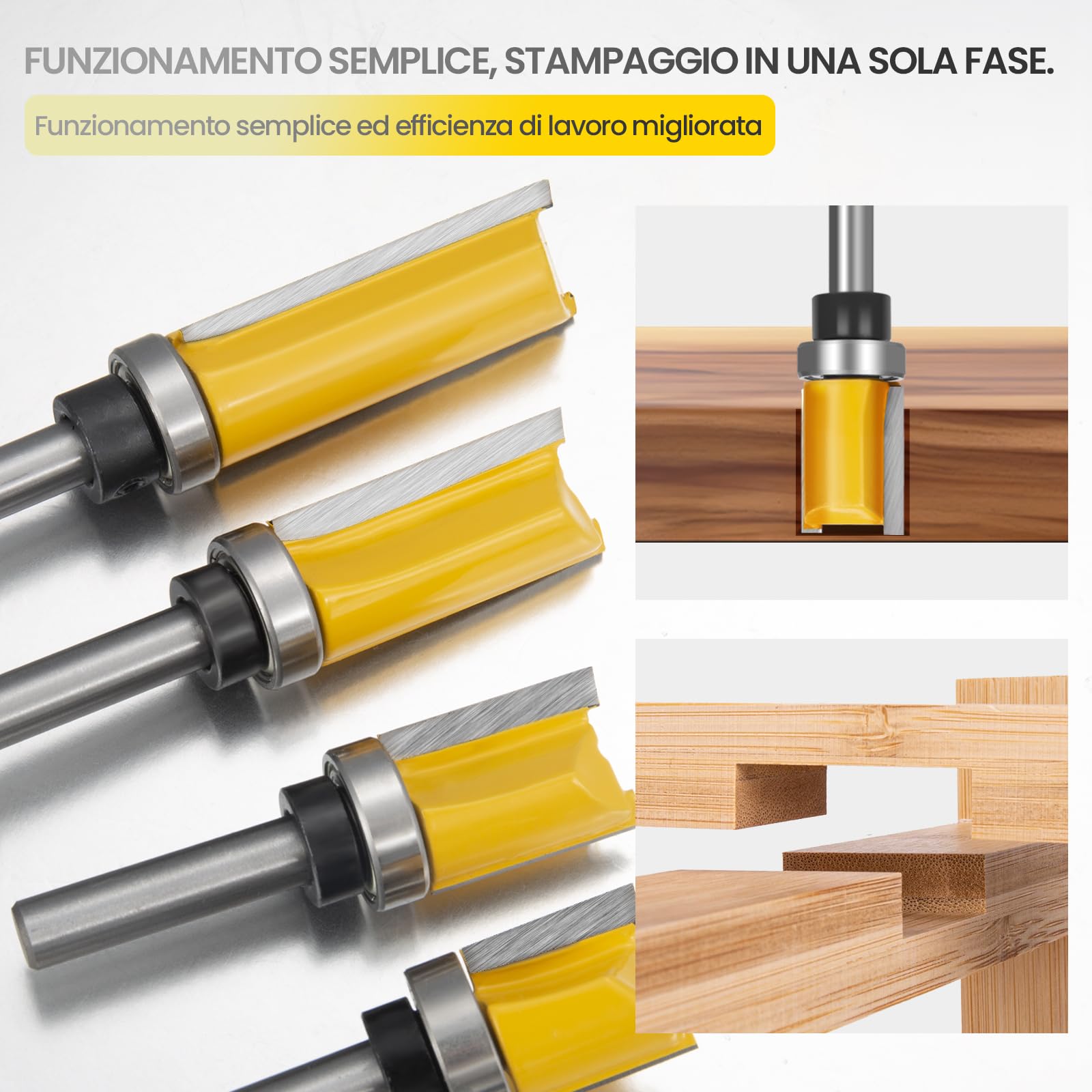 Fresa A Taglienti Diritti, 4 Pezzi Fresa Per Legno Gambo 8mm,Spianare Legno, Flauto Punta Dritta Fresa Per Lavorazione Del Legname, Lavori Fai Da Te Del