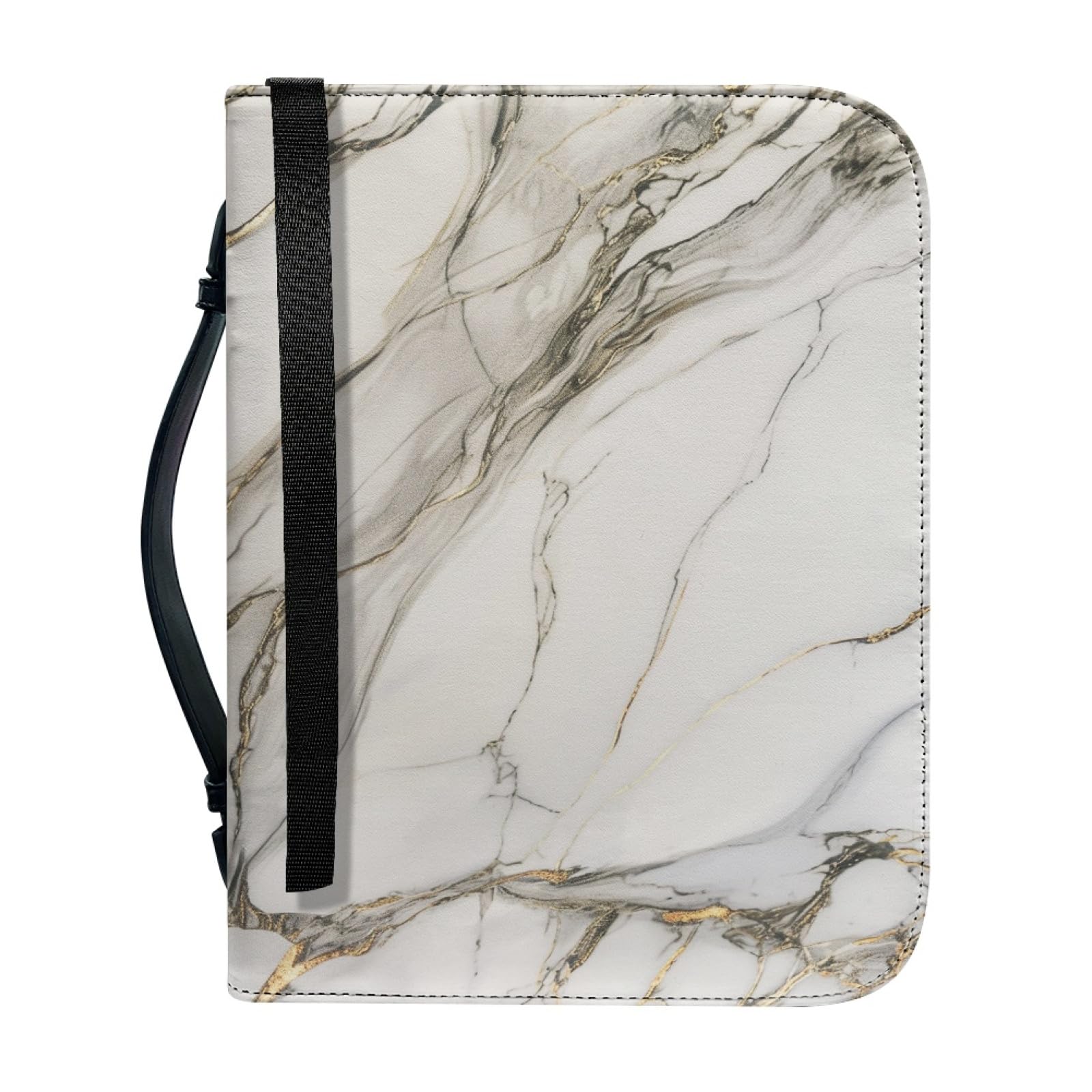 ENEN Bible Cover Tote Bag, 3D Marble Print Bible Bag Bible Cover Case Waterproof PU Leather Large Bible Case/Bible Book Cover with Handle, Zip & Pen Storage (White Grey,25.9x17.8cm)