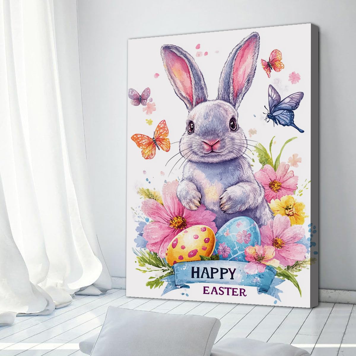 Estampado de huevos de Pascua con punteado de conejo en acuarela sobre patrones de lienzo Imágenes Ilustraciones navideñas mariposas para la decor de las escaleras del pasillo dormitorio 75x115cm