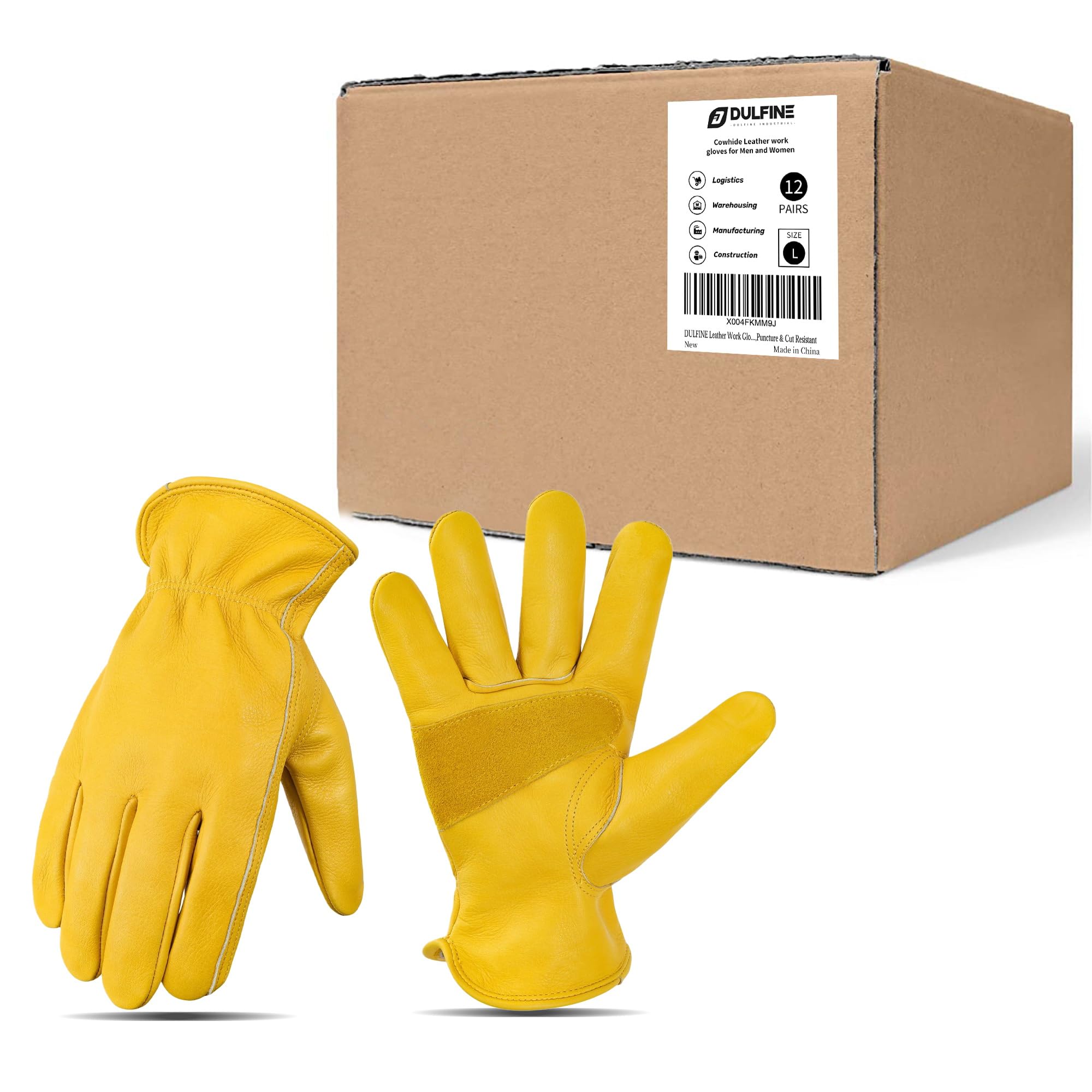 DULFINE Guantes de trabajo de cuero vacuno para hombres y mujeres, paquete de 12 pares, guantes de jardinería reforzados y duraderos, resistentes a pinchazos y cortes, ideales para construcción