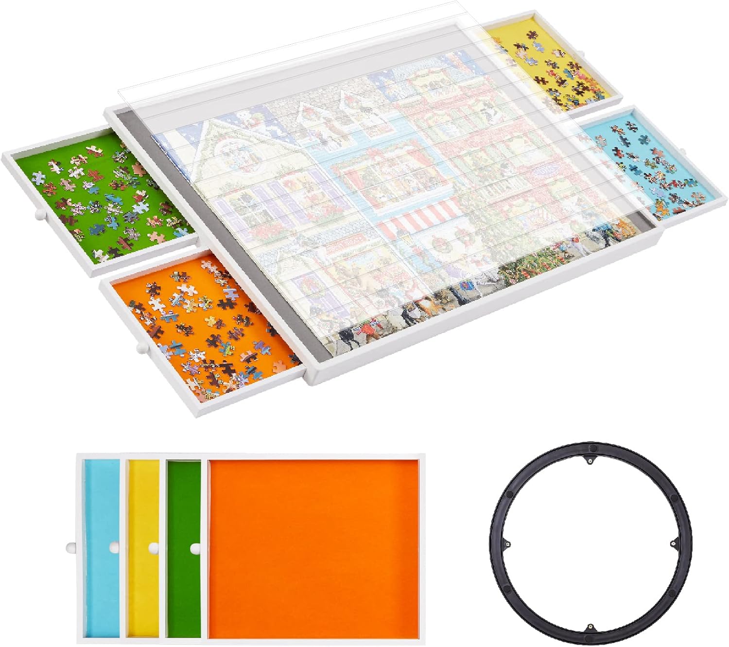 YISHAN Rotating Jigsaw Puzzle Board with Drawers and Cover, Smooth Wooden Spinning Lazy Susan