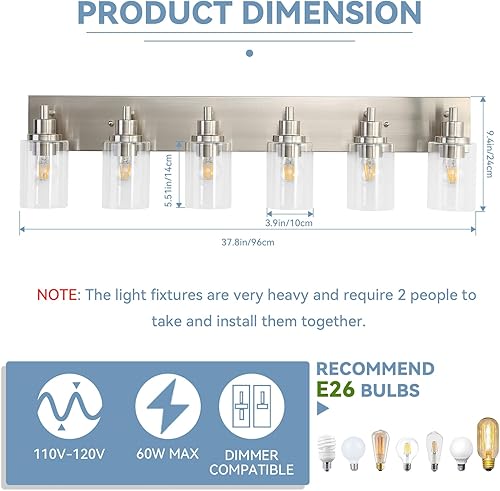 Miniatura 7 de LOUSACE Lámpara de tocador de baño de 6 luces de níquel cepillado, accesorios de iluminación de baño con pantallas de vidrio transparente sobre