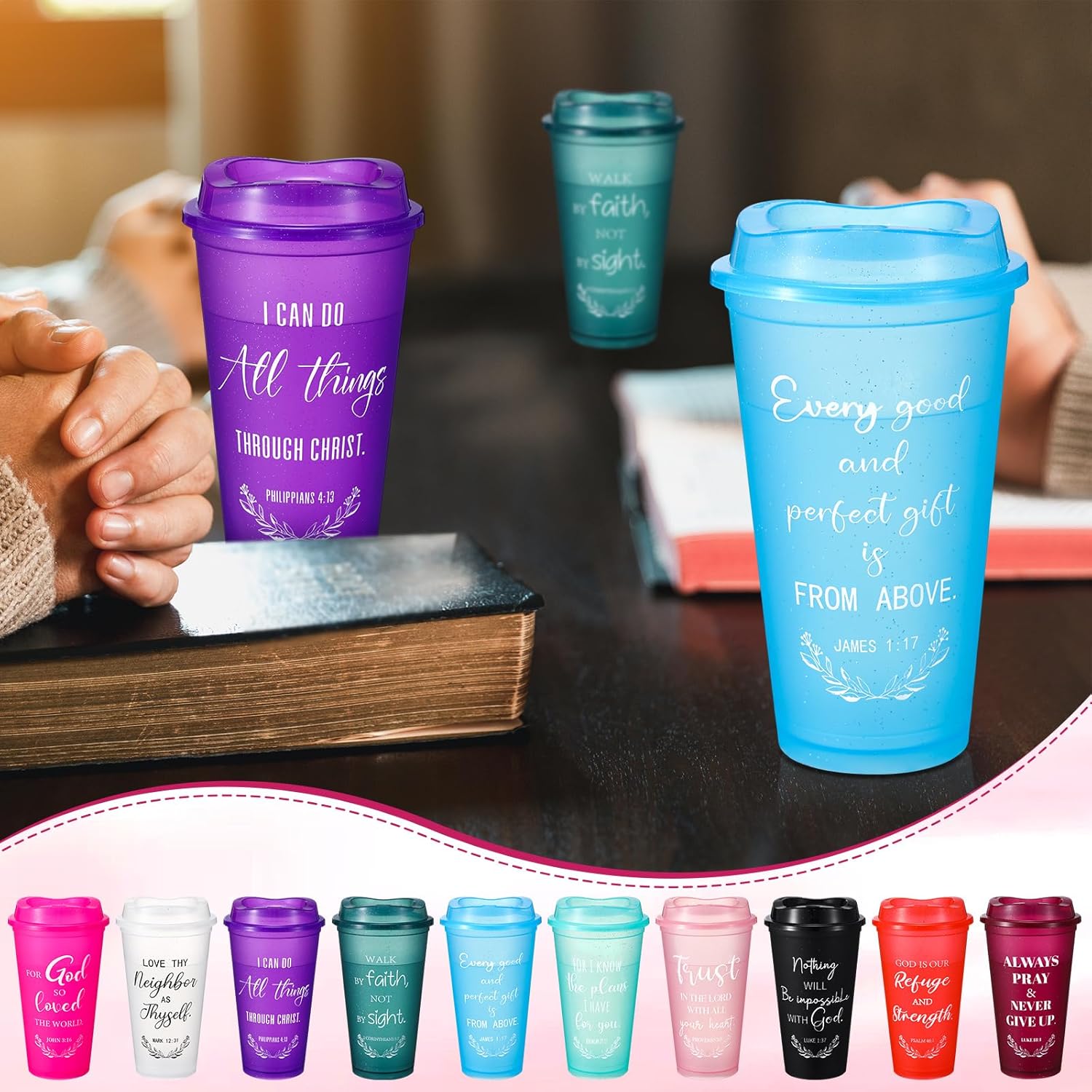 LemonRoad 40 Sets Christian Gifts Bulk 16oz Reusable Bible Verse Coffee Cups with Lids Cards and Gift Bags Inspirational Religious Gifts for Church Party (Classic Color) - Image 7
