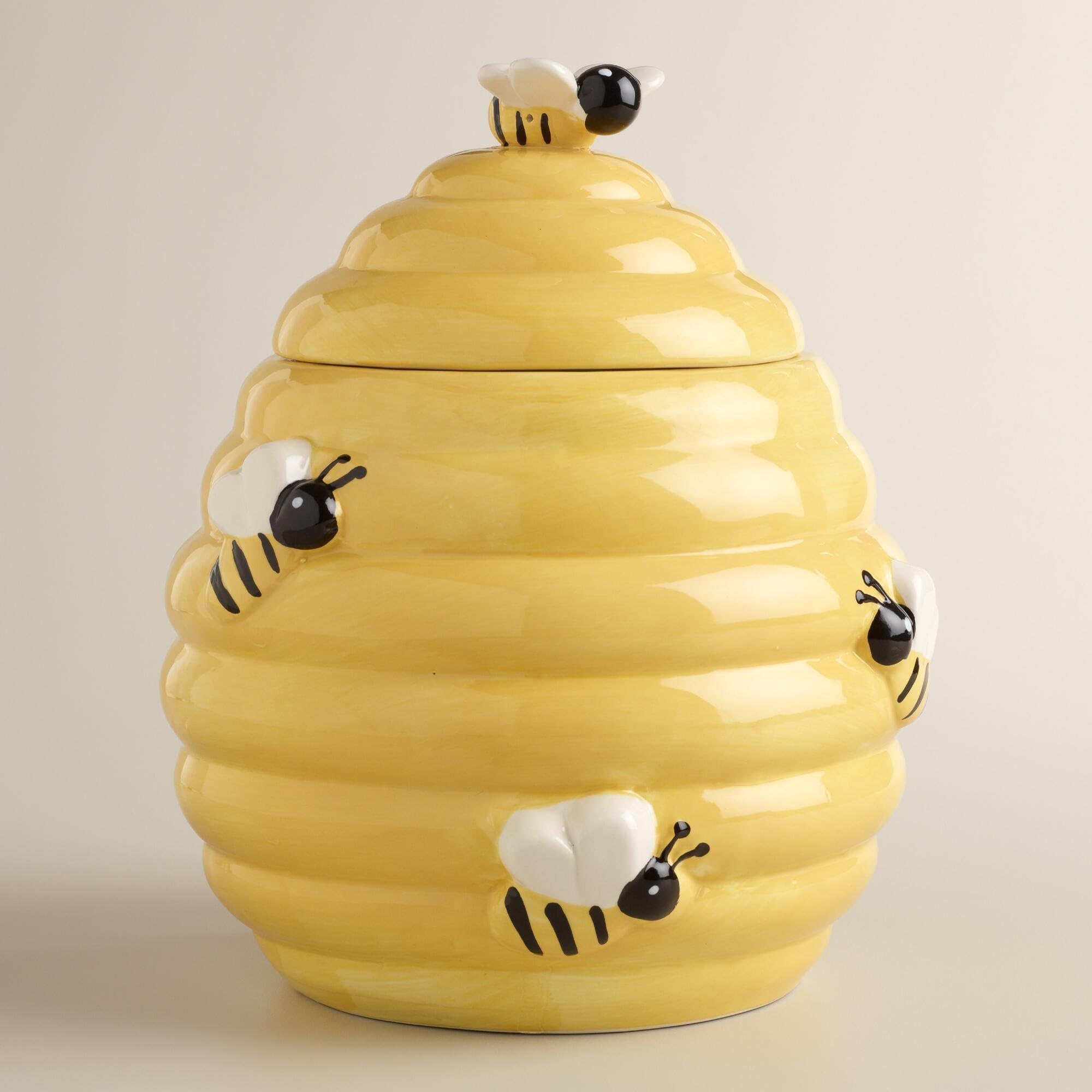 Whimsical Yellow and Black Beehive Design Ceramic Cookie Jar w/ Bee Lid Handle
