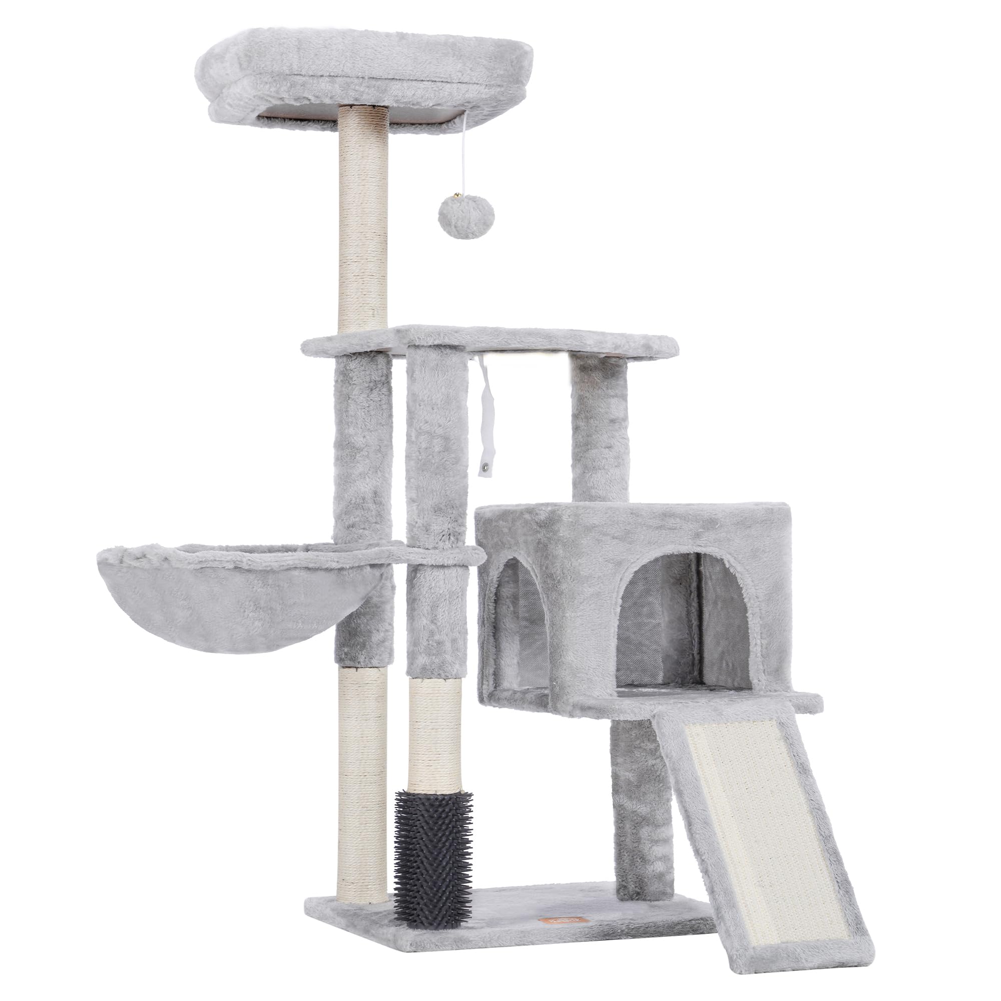 Heybly Rascador para Gatos, El Cepillo de Autolimpieza, El Árbol para Gatos Domésticos, con Peluche Liso, Silla de Descanso, Nido de Gato con Panel y Postes de Raspado, Gris Claro HCT005SW