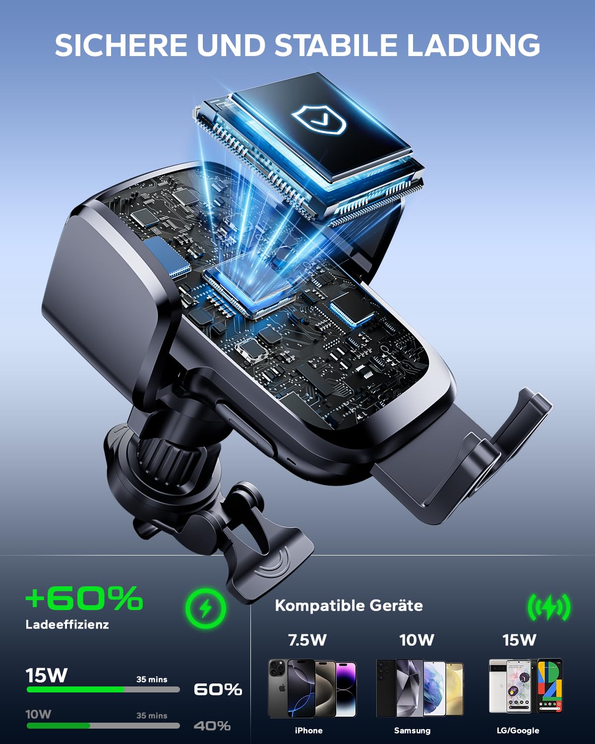 KPON 15W Qi Handyhalterung Auto mit Ladefunktion, Induktive Ladestation Auto mit Sauger & Clip, Automatische Klemmung Kfz Wireless Charger für iPhone 17/16/15/14/13, Samsung (Ohne Zigarettenanzünder)