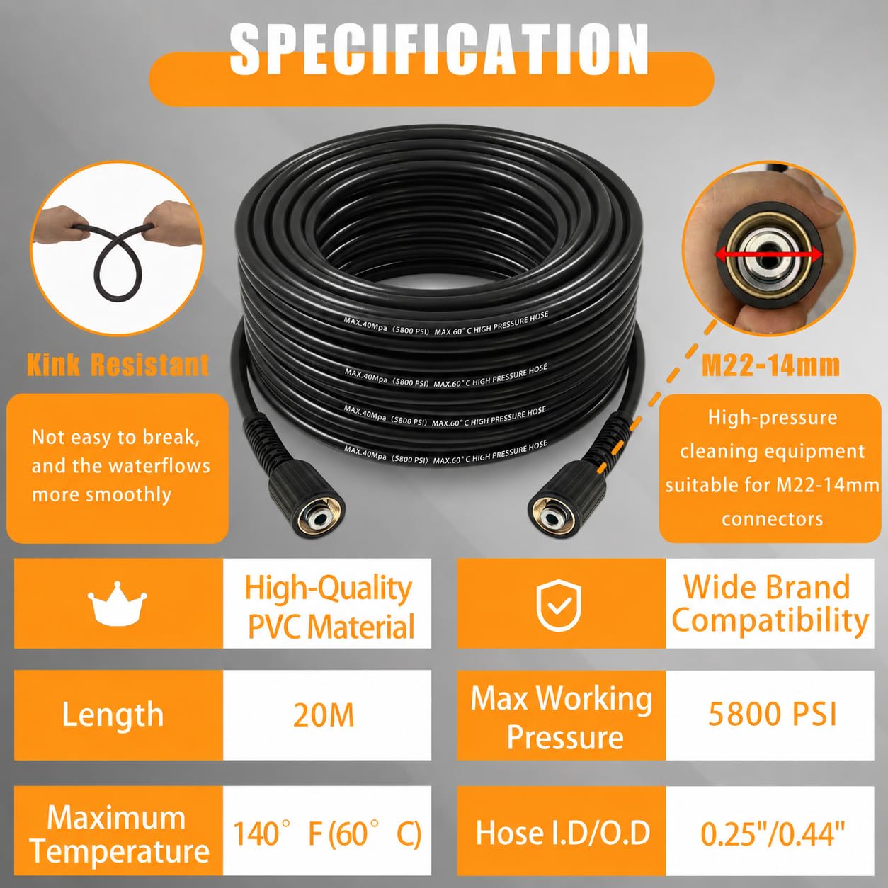 20M Tubo di prolunga resistente alle pieghe M22 per idropulitrice con raccordo filettato in ottone, tubo per idropulitrice ad alta pressione 2610 PSI, tubo di ricambio per idropulitrice M22-14mm