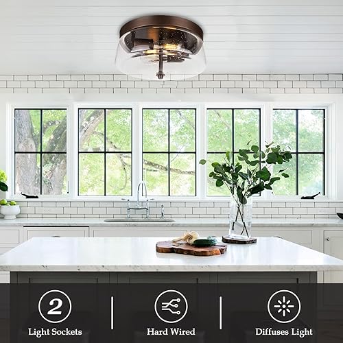 Miniatura 5 de ROS62A ORB - Lámpara de techo de montaje empotrado, 12 pulgadas, 2 luces, moderna, rústica, cerca del techo, con vidrio sembrado, para dormitorio,