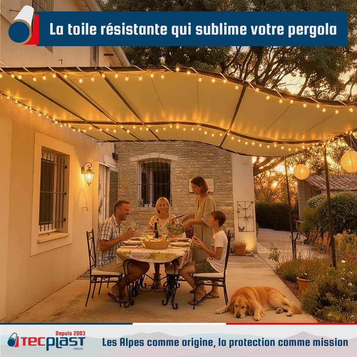 TECPLAST Pack Toile Pergola Beige foncé 3x4 m + Sandow Ivoire 20m - Bâche Pergola prête à Poser LP506PR Garantie 5 Ans