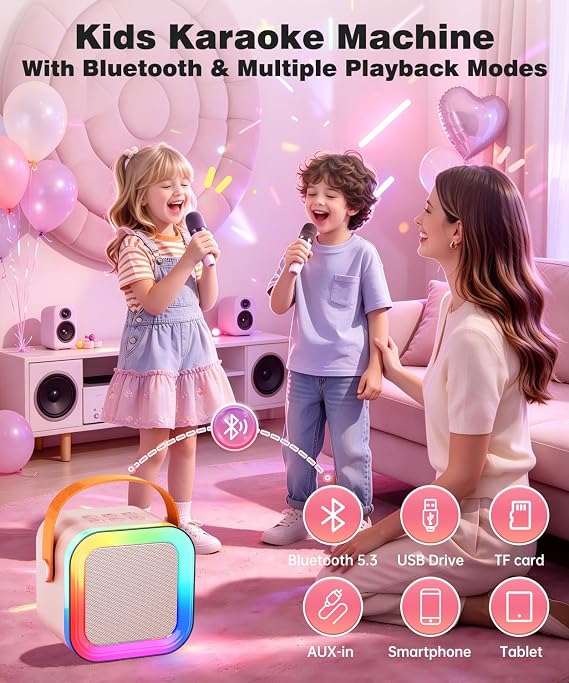 Çocuklar Yetişkinler için Mini Karaoke Makinesi Hoparlörü, 1-2 Kablosuz Mikrofonlu Taşınabilir Bluetooth, Noel Doğum Günü Hediyeleri Oyuncaklar Kız Erkek 4, 5, 6,7, 8,9,10,11,12+ Yaş Küçük Çocuk