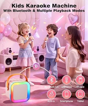Çocuklar Yetişkinler için Mini Karaoke Makinesi Hoparlörü, 1-2 Kablosuz Mikrofonlu Taşınabilir Bluetooth, Noel Doğum Günü Hediyeleri Oyuncaklar Kız Erkek 4, 5, 6,7, 8,9,10,11,12+ Yaş Küçük Çocuk