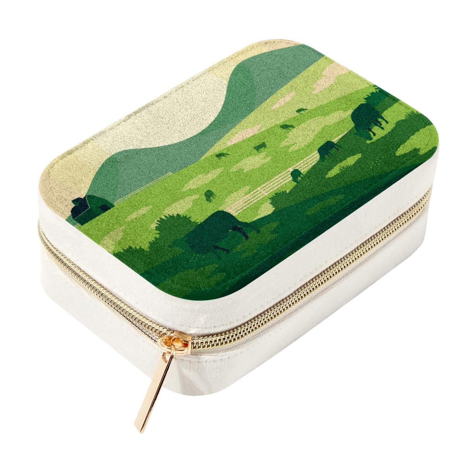 Boîte à bijoux de voyage velours vert paysage zippée pour éviter les colliers emmêlés