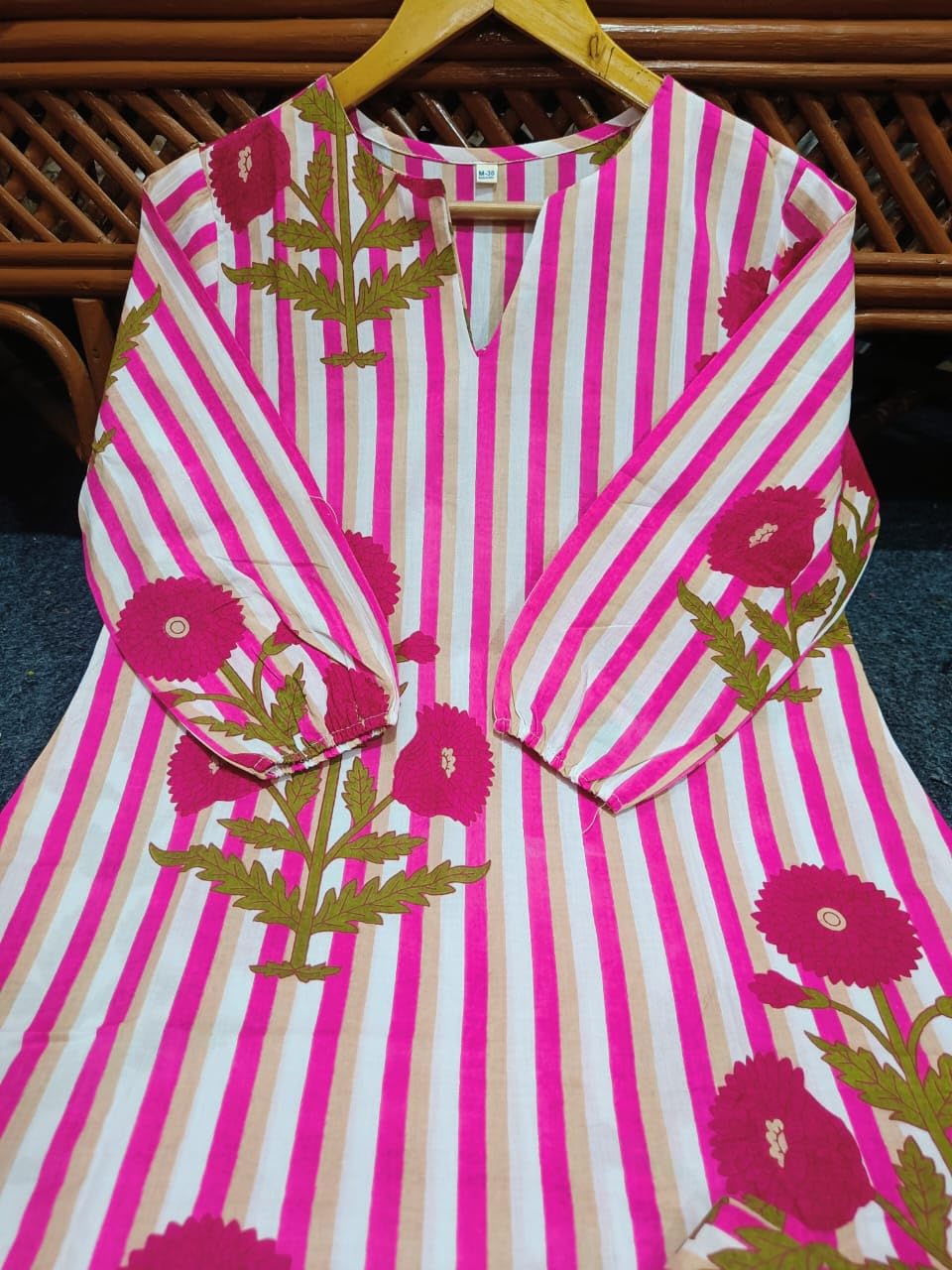 BIRDY EXPORT Women's Cotton Floral Linning Notch Neck A-Line Kurta Pant Co-ord Set for Office and Casual Wear (Pink-M) 3