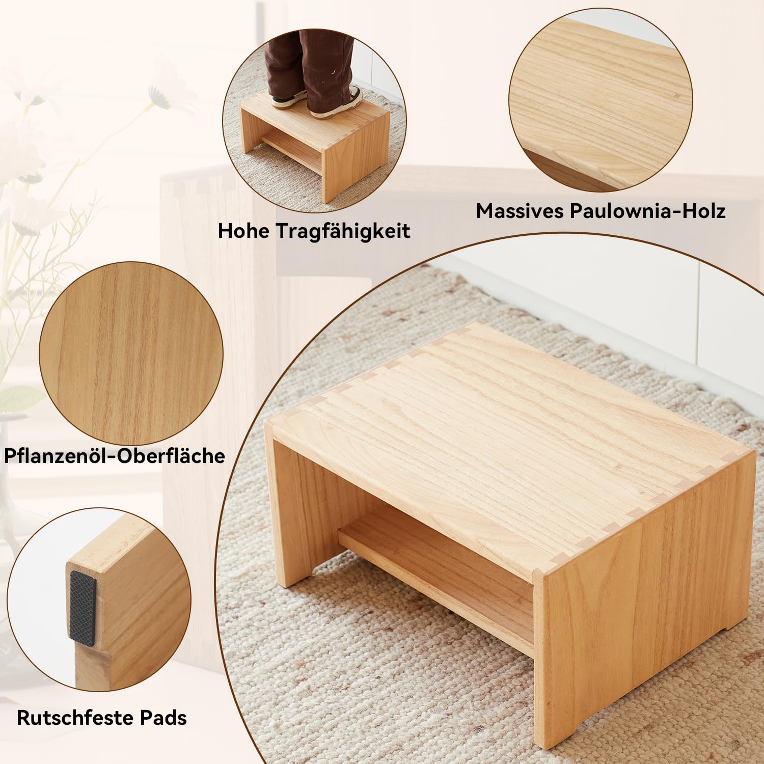 KIRIGEN Tritthocker aus Paulownia-Holz, 2-stufiger Kinderhocker mit Stauraum und rutschhemmenden Pads, max. 136 kg, 39,5 x 29,5 x 18 cm, Natur