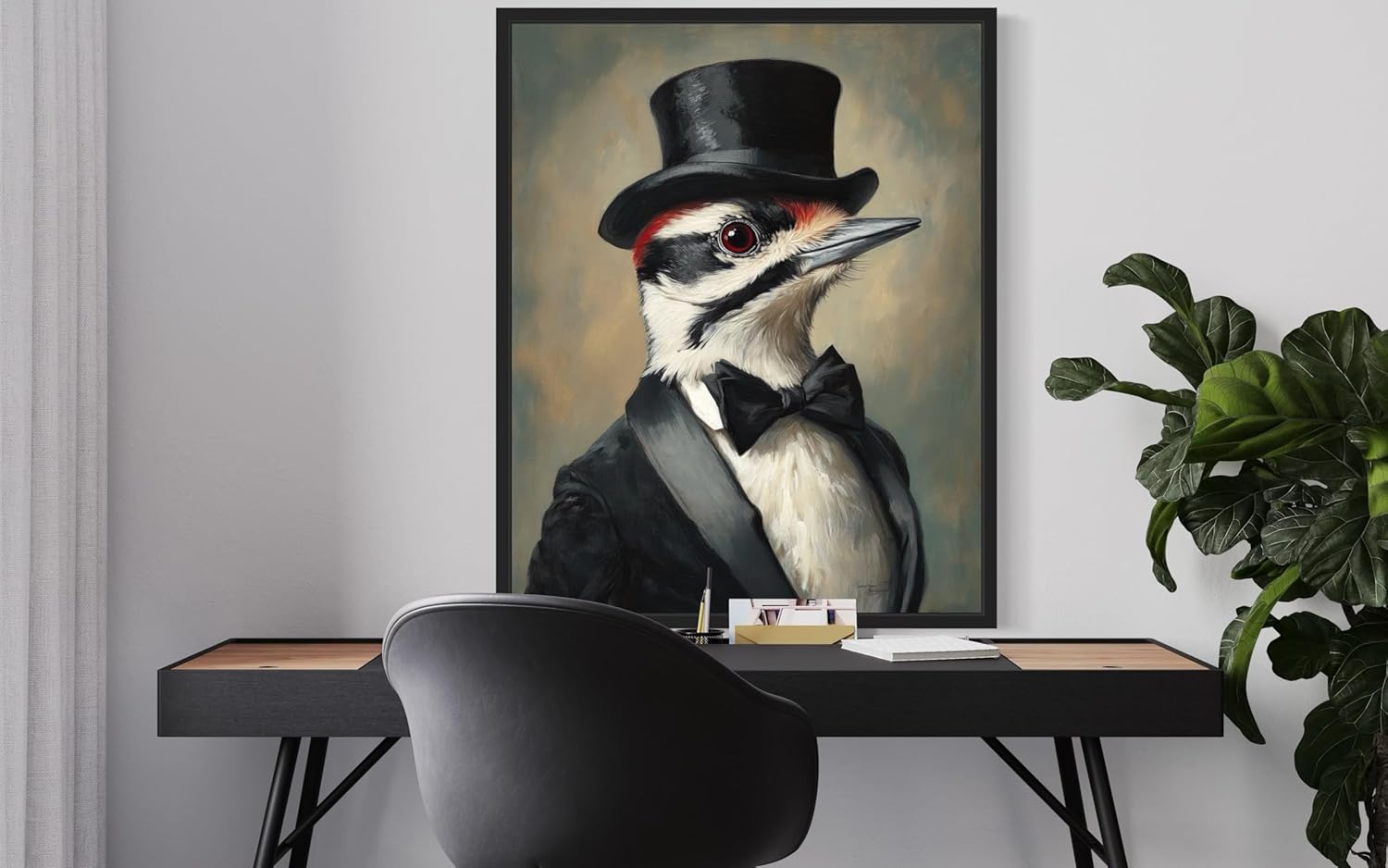 Downy Woodpecker in Tuxedo Poster Art Print, Bird Portraits Humor Wildlife Artwork Wall Art for Bedroom, Living Room Decor Prints Gallery 138 (Downy Woodpecker, 16 x 20 inches, Black Frame)