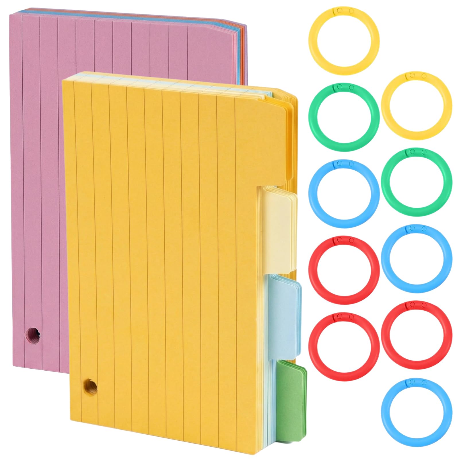 Blocs de Fiches Bristol de Révision 200 Pcs avec 10 Anneaux Colorés Flashcards Lignées pour Étude et Bureau