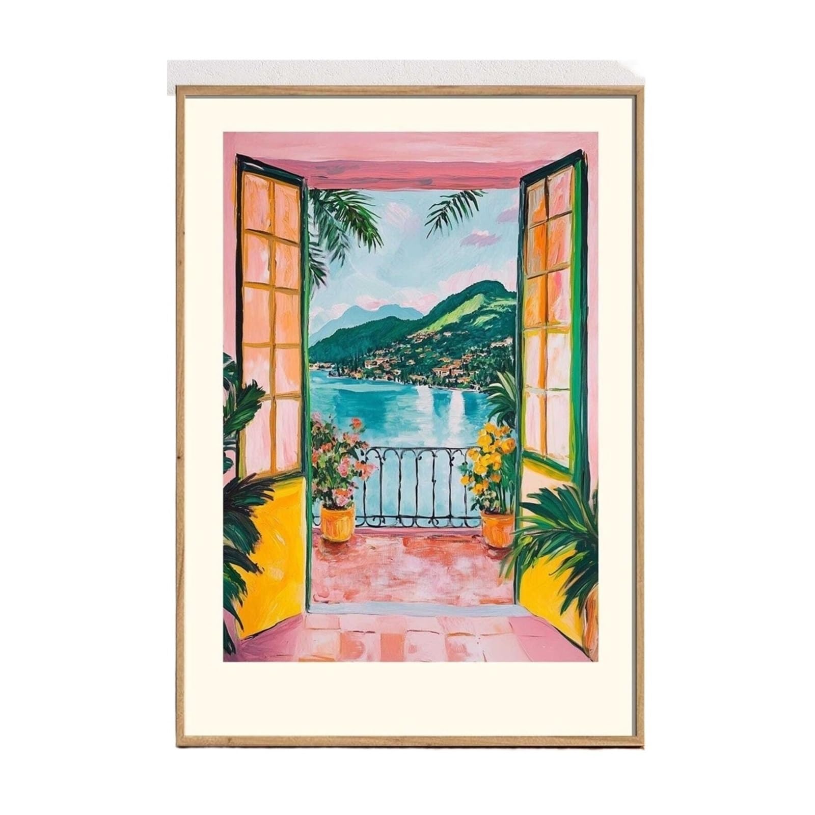 Graiting 1pc Open Window Print Style Fauvism Painting Exhibition Mediterranean Sea Orange Tree Coastal View Boats(DA165,30x40cm Unframe)
