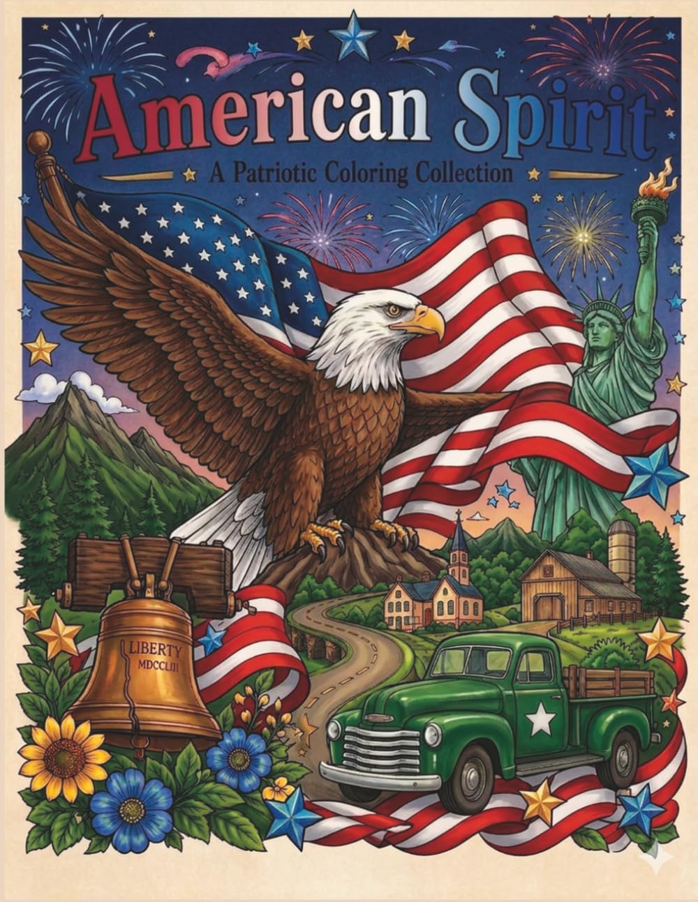 American Spirit Coloring Book: USA Patriotic Adult Coloring Book, Freedom Art, Vintage Americana Scenes