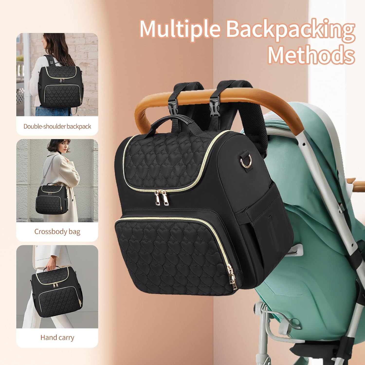 Diaper Bag Backpack, 4 in 1 Convertible Baby Travel Backpacks, Diaper Bag with Changing Pad Diaper bag, Baby Bag for Mom, Insulated Pockets, Stroller Straps, Black - Image 7