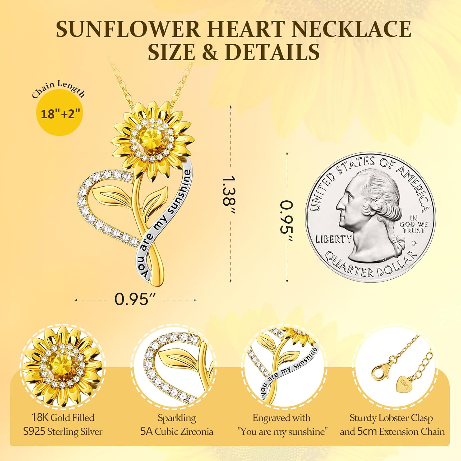 Sunflower Necklace Anniversary for Gifts Women, 18K Gold Plated You Are My Sunshine Pendant for Her, Birthday Gifts for Wife Girlfriend Mom Daughter - Image 3