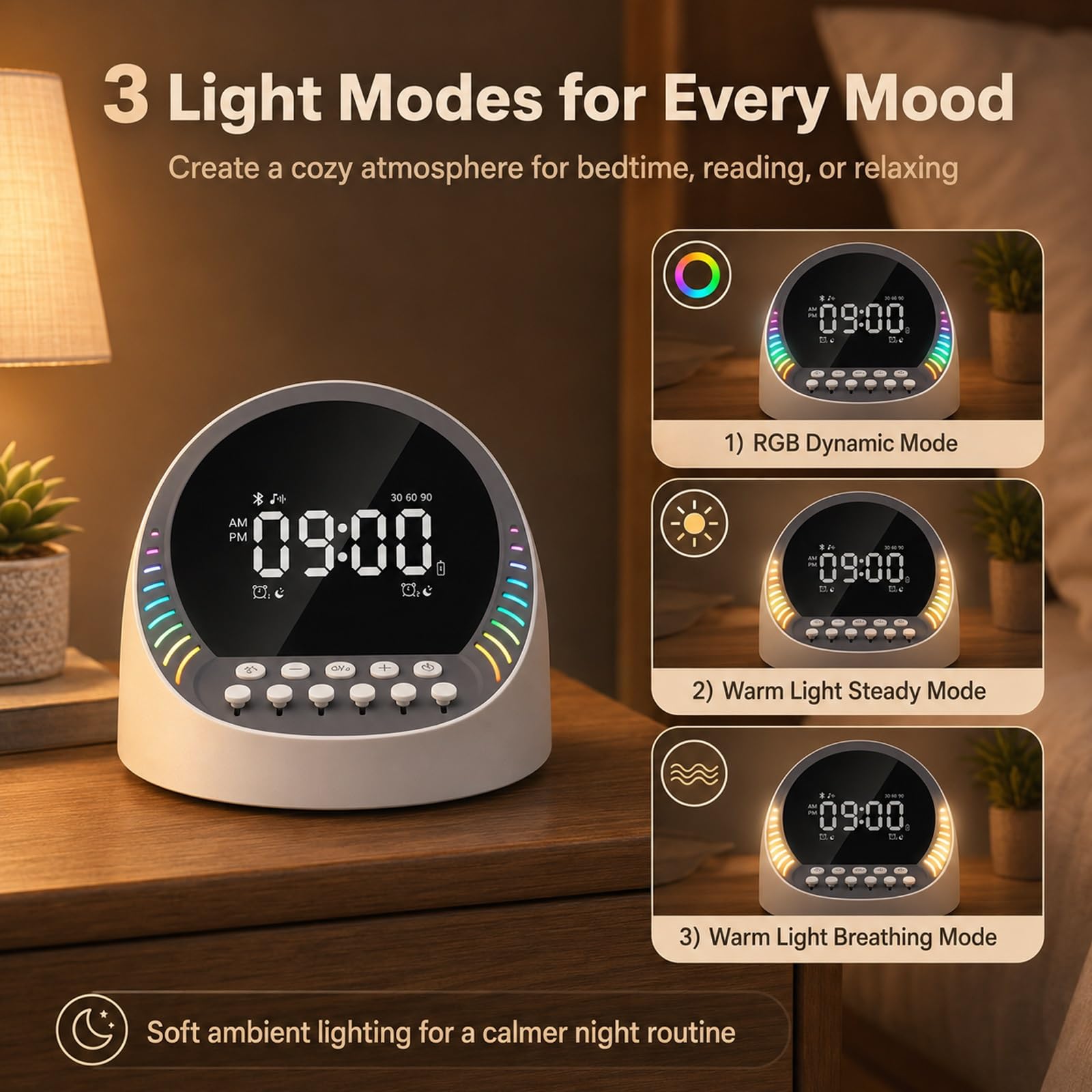 Máquina De Sonido Inteligente De Ruido Blanco Con Altavoz Inalámbrico Bluetooth, Luz Nocturna Ambiental De Colores Dinámicos Y Reloj Despertador Digital; Sonidos Relajantes De La Naturaleza(Negro)