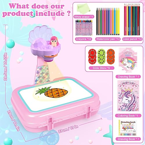 Miniatura 10 de wakeInsa Proyector de dibujo, artes y manualidades para niños, incluye tablero de dibujo, crayones, libro para colorear, calcomanías, etc., juguete